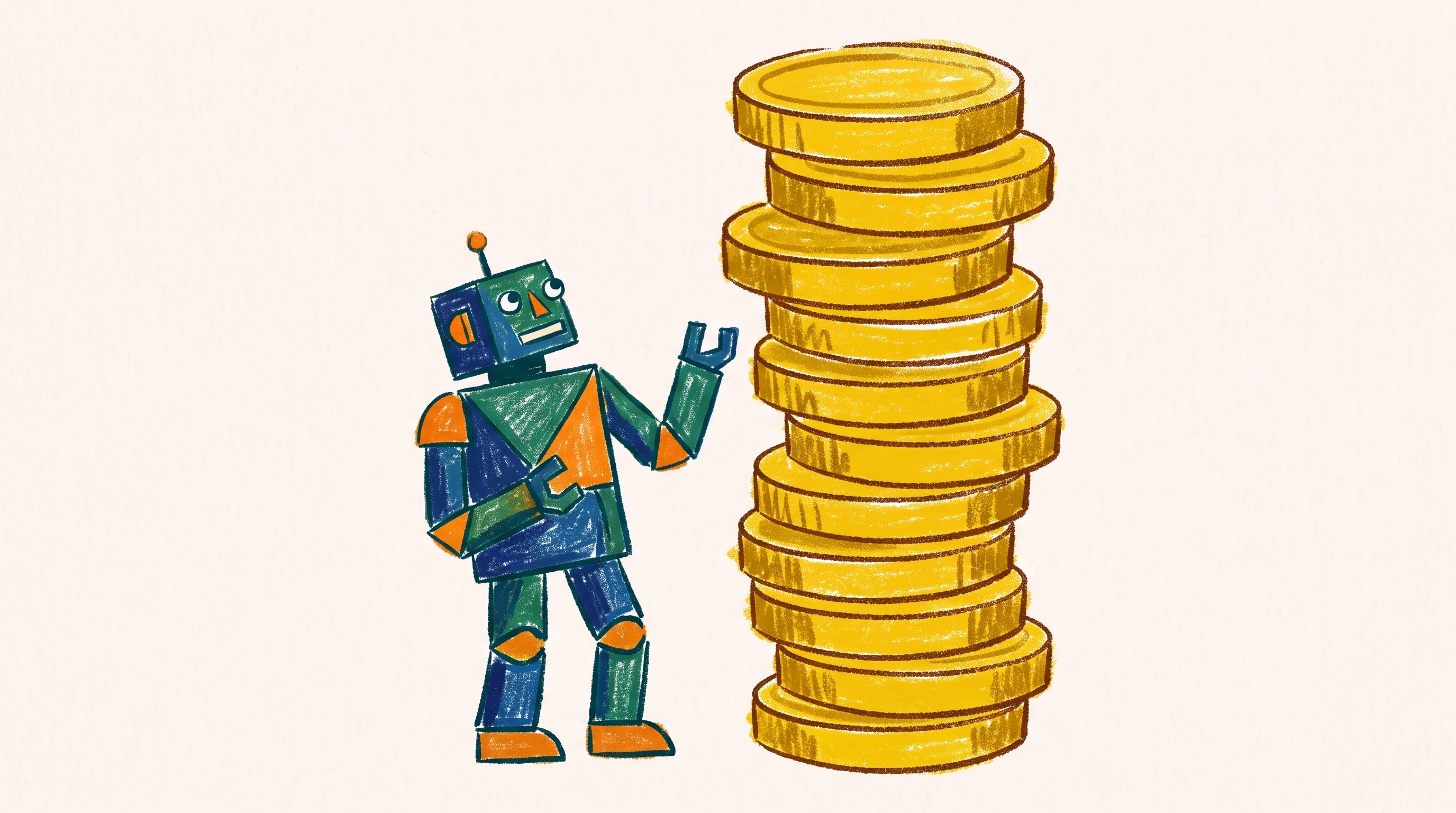 Digital illustration for article section "A Crowded, Capital-Hungry Moment" in "Kinematic Trees Raises Pre-Seed to Democratize Robotics Software" - A conceptual and minimal illustration of an abstract, geometric robot representing physical AI, stan...