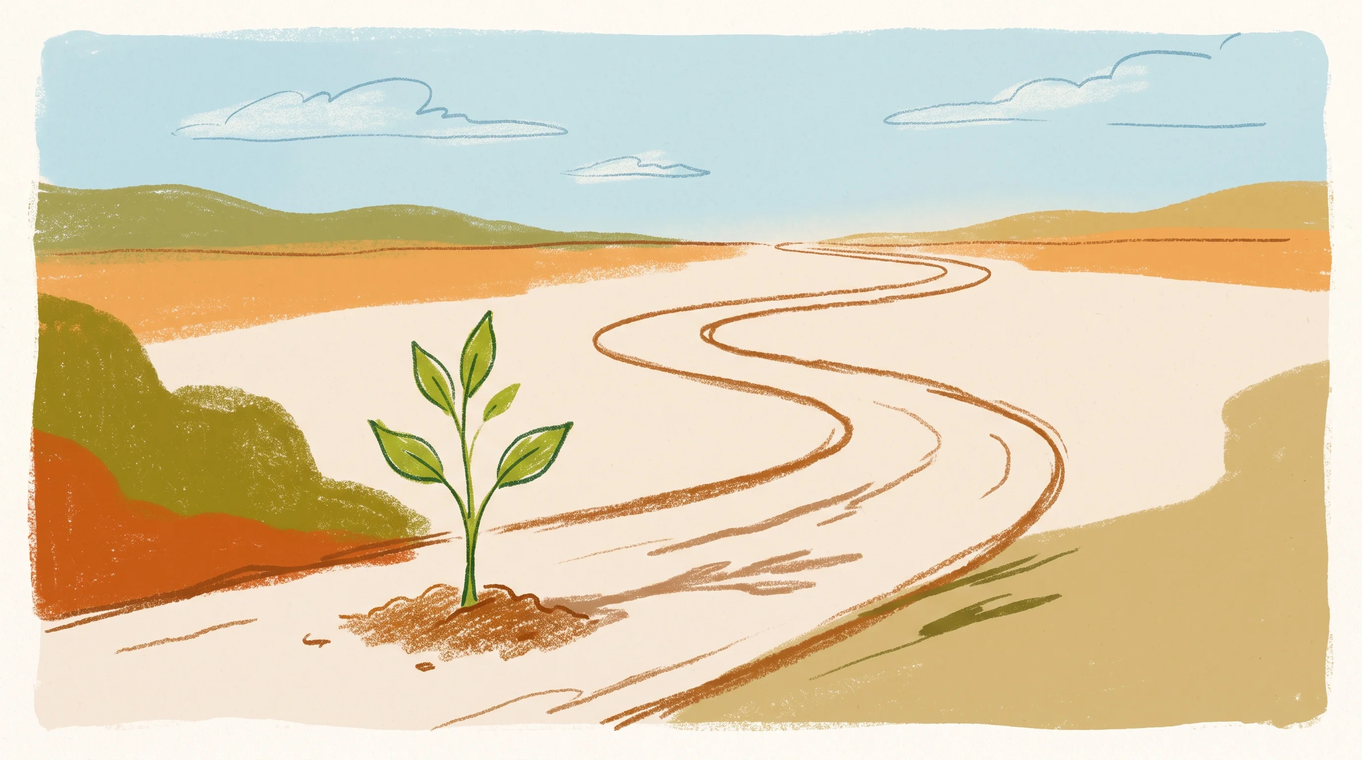 Digital illustration for article section "The Long Road Ahead" in "Kinematic Trees Raises Pre-Seed to Democratize Robotics Software" - A conceptual and minimalist illustration of a single, newly sprouted sapling planted at the very beg...