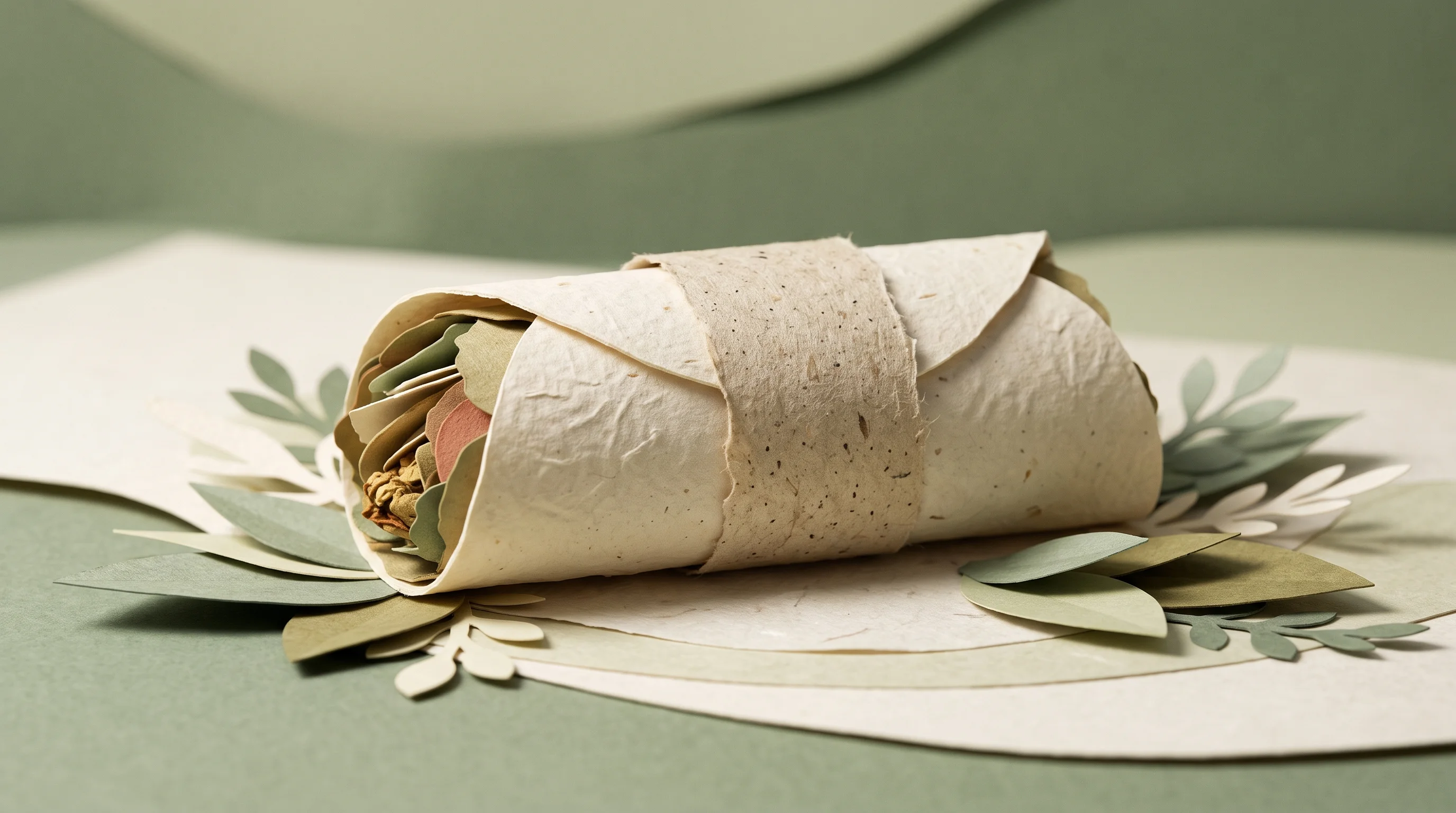 Digital illustration for article section "From Burrito Tape to Packaging Play" in "Bioplastics Accelerators Scale Next-Gen Materials to Multi-Kilo Output" - A conceptual, modern still life of a stylized, minimalist burrito held perfectly intact by a distinc...
