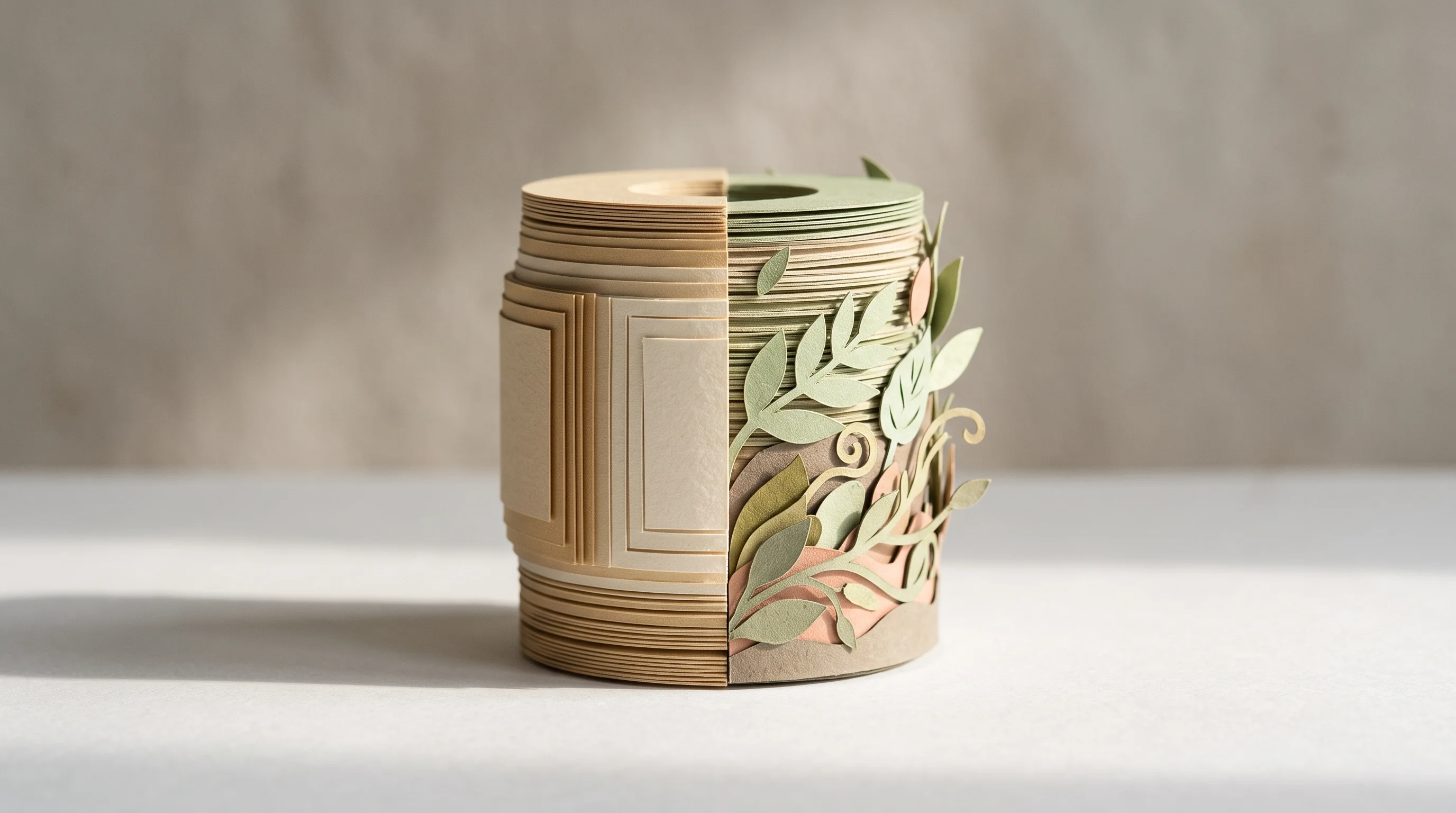 Digital illustration for article section "The Middle Layer" in "Bioplastics Accelerators Scale Next-Gen Materials to Multi-Kilo Output" - A conceptual 3D papercraft diorama representing a bioplastic material's lifecycle and "middle layer,...