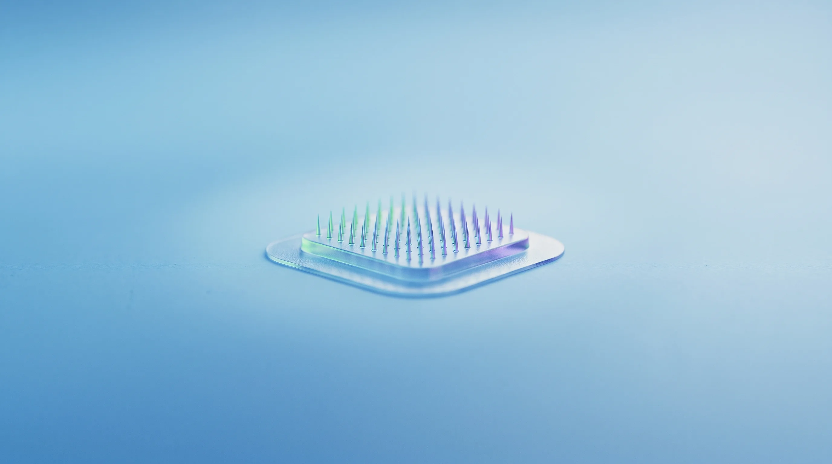 Digital illustration for article section "The Real Prize Might Not Be Body Art" in "CipherX Debuts World's First Painless Microdot Tattoo System" - A conceptual, macro-level visualization of a modern microneedle patch designed for advanced vaccine ...