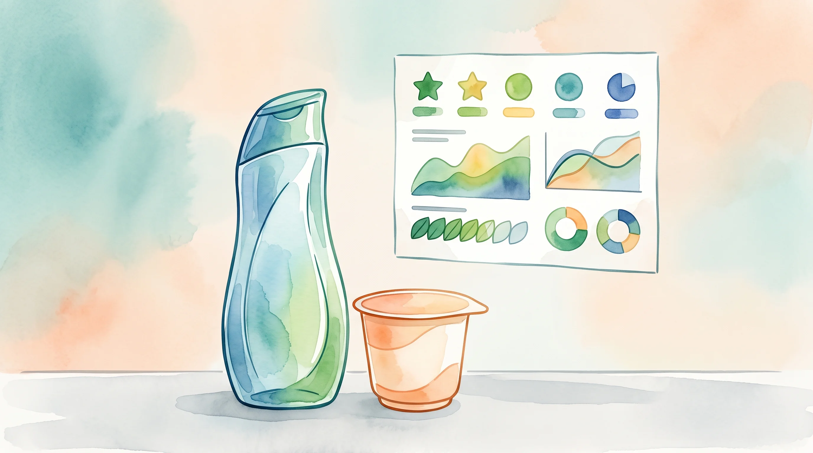Digital illustration for article section "The Brand Angle" in "Greyparrot Raises $27M Series B After Hitting 1 Trillion Detections" - A sleek, stylized shampoo bottle and a simple yogurt cup sitting side-by-side on a clean, uncluttere...