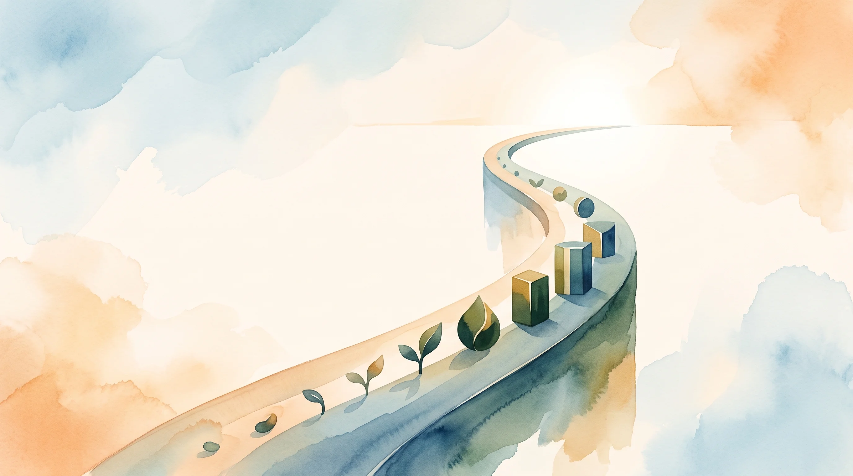 Digital illustration for article section "A Longer View" in "Greyparrot Raises $27M Series B After Hitting 1 Trillion Detections" - A clean, minimalist conceptual illustration of an elegant, ascending curved pathway winding toward a...