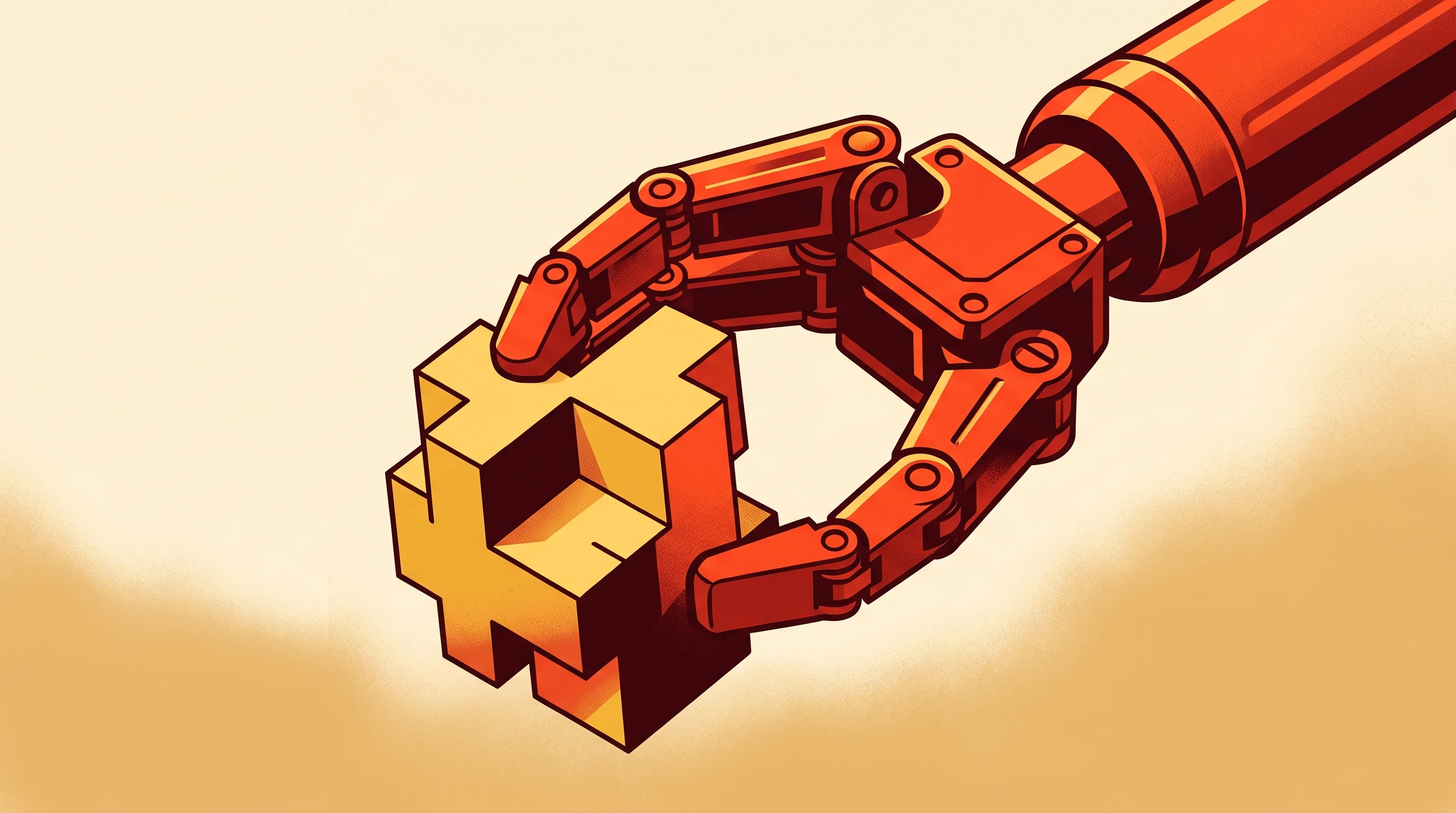 Digital illustration for article section "Enter the Hard Problem" in "Physical AI Tackles Waste's Messiest Problem: Contaminated Organics" - A striking, minimalist conceptual illustration of a sleek, modern robotic gripper mechanism firmly g...