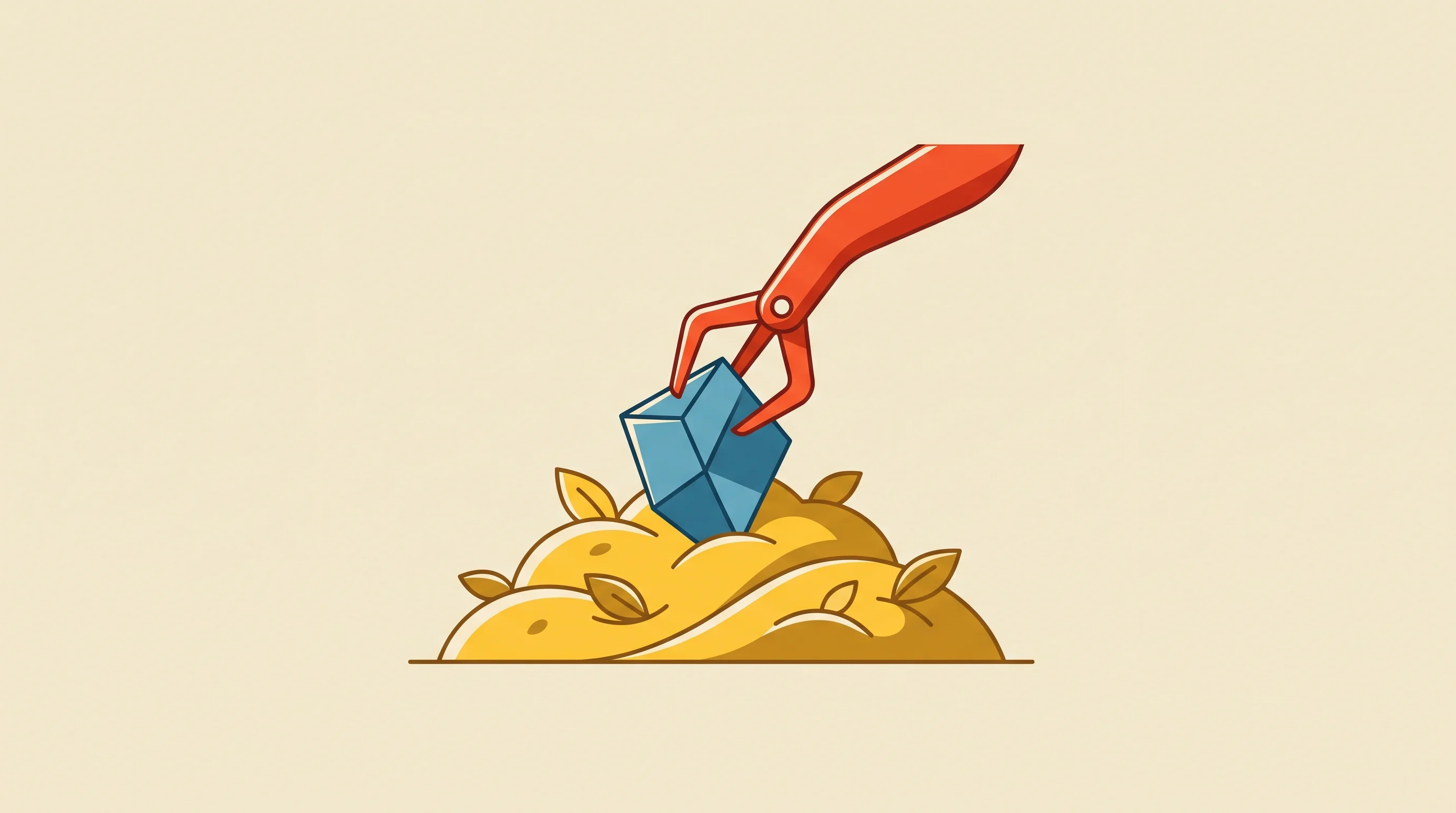 Digital illustration for article section "The Harder Question" in "Physical AI Tackles Waste's Messiest Problem: Contaminated Organics" - A minimalist, conceptual illustration of a sleek, abstract mechanical sorting tool delicately extrac...