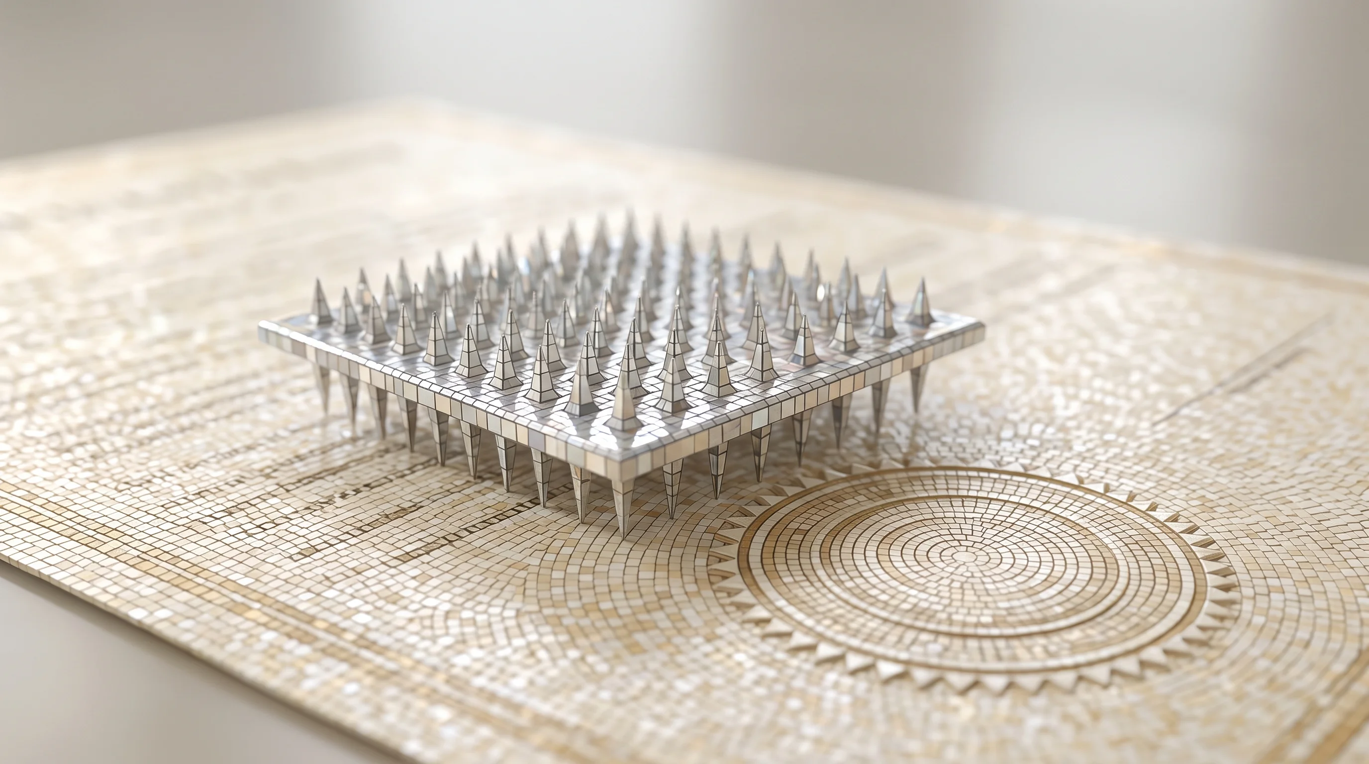 Digital illustration for article section "Patent Protection and Regulatory Gray Zones" in "CipherX Launches World's First Painless Microneedle Tattoo System" - A clean, minimalist, and highly conceptual 3D composition featuring a sleek, modern microneedle arra...