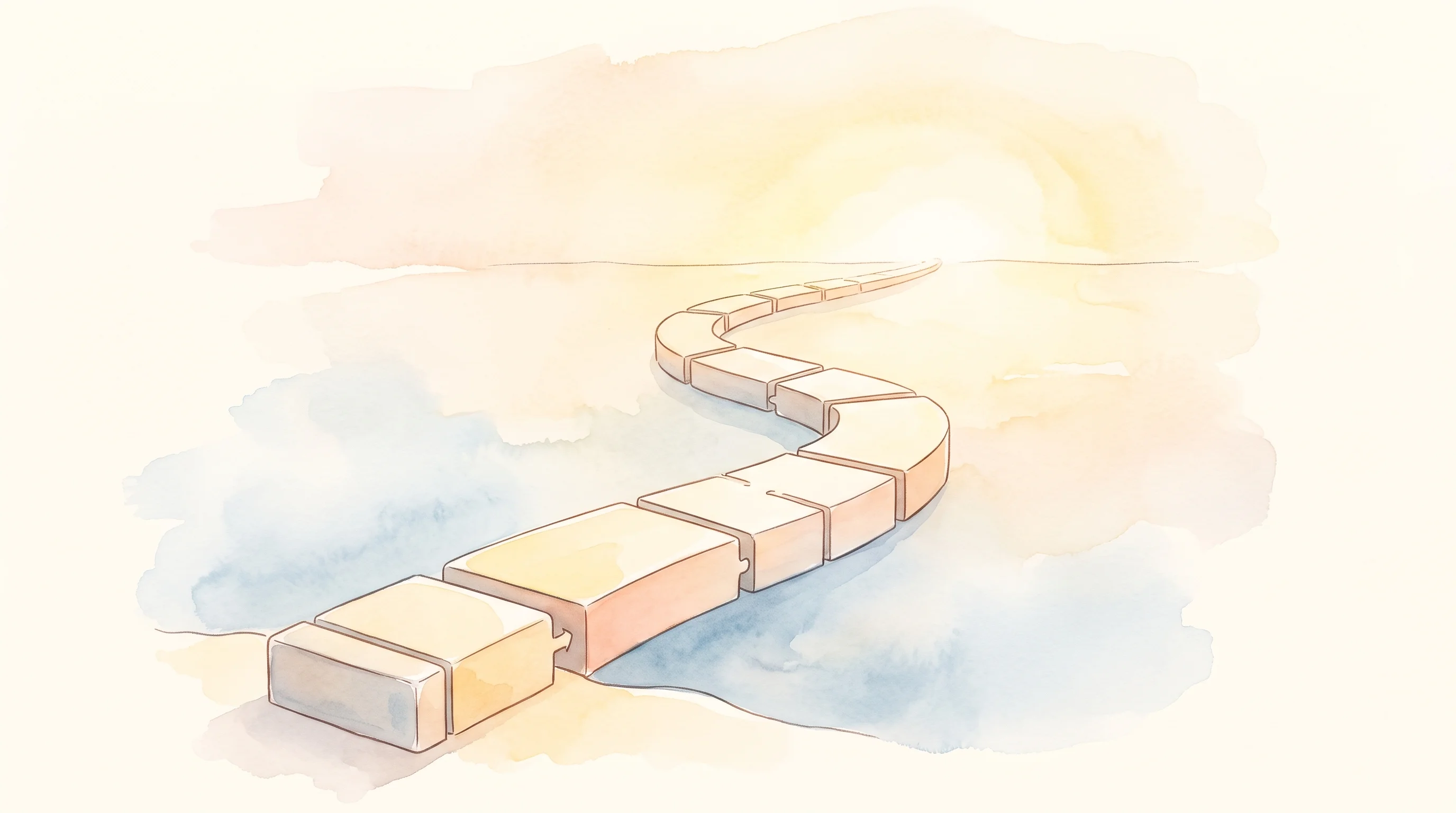 Digital illustration for article section "The Road Ahead (and the Odds)" in "Printr Raises $4.5M from Axelar, Sui, Mantle for Cross-Chain Launchpad" - A minimalist, conceptual watercolor illustration depicting a winding, unfinished bridge extending to...
