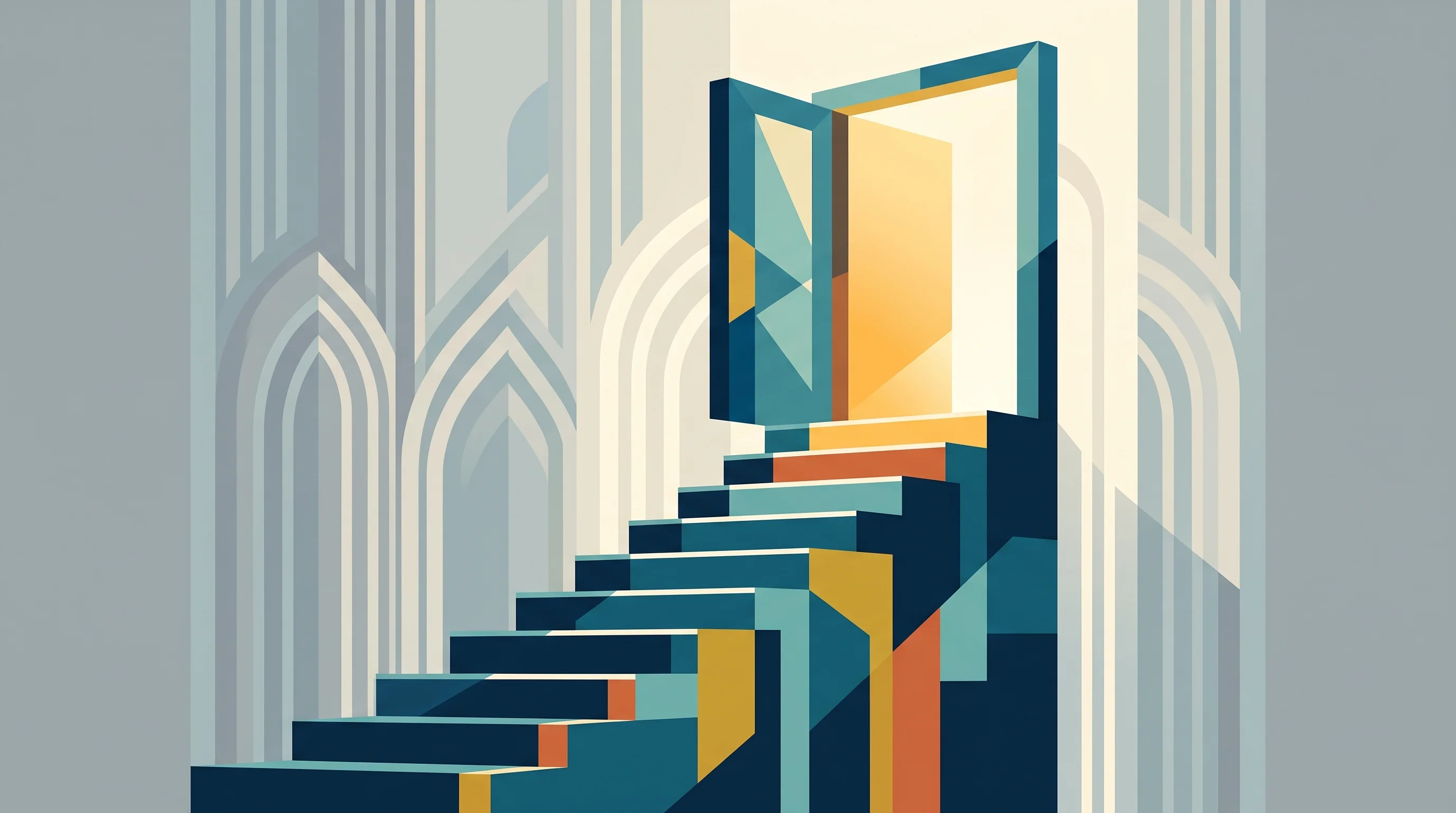 Digital illustration for article section "What Comes Next" in "Neo Raises $100M to Secure 'Zombie' AI Agents Haunting Enterprise" - A clean, minimalist conceptual illustration of a dynamic, ascending geometric staircase leading towa...