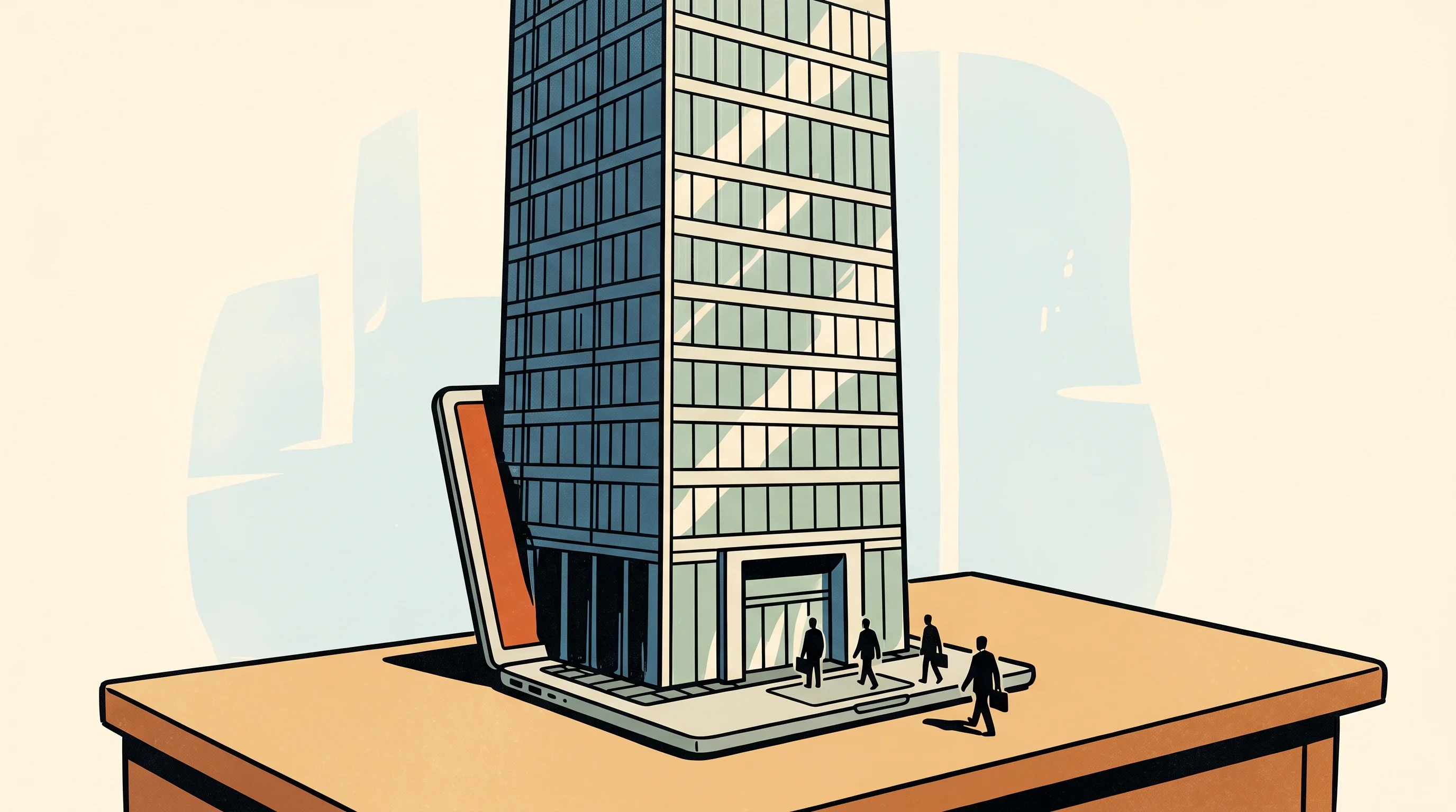 Digital illustration for article section "The enterprise surprise" in "Lovable Hits $400M ARR in Record Time, Eyes $12B Valuation" - A conceptual and minimalist illustration representing sudden enterprise adoption, featuring a small,...