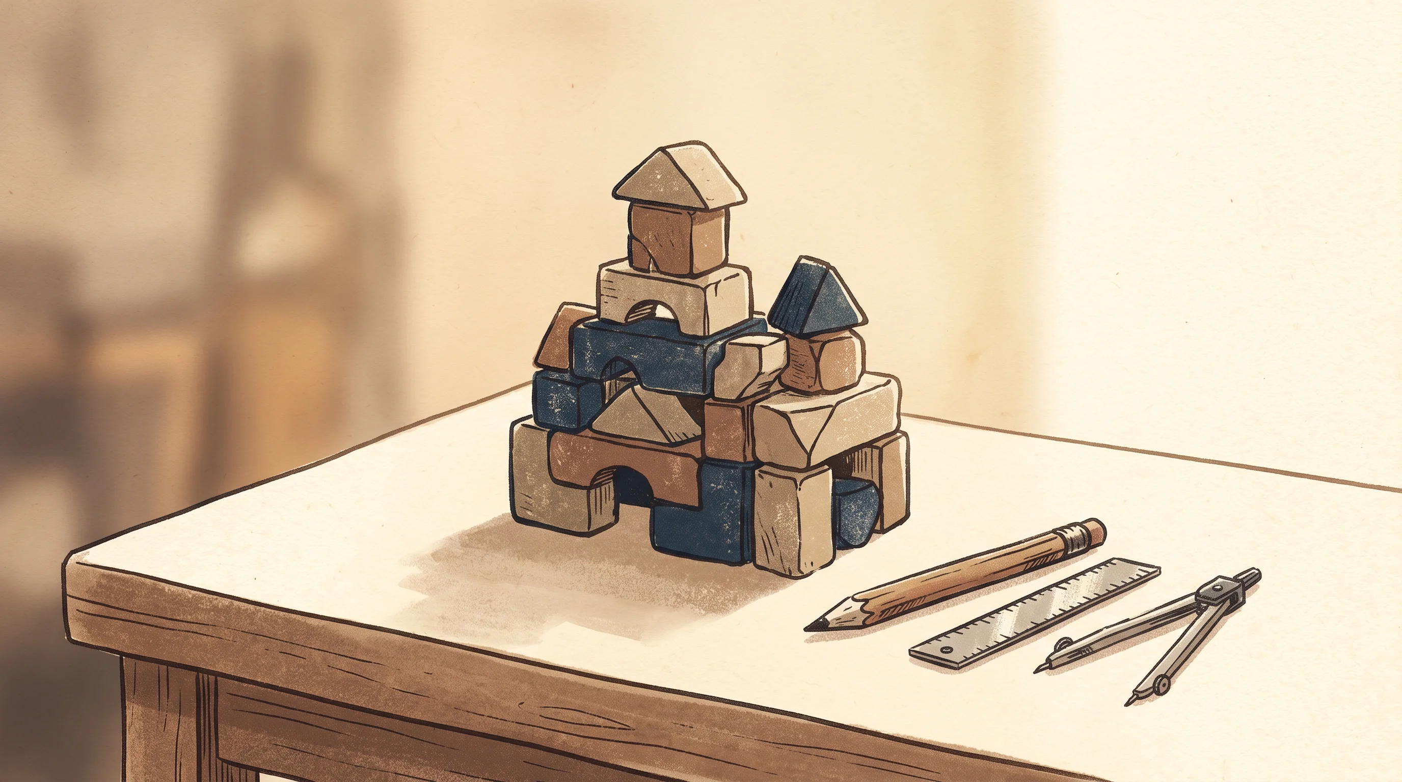 Digital illustration for article section "The Builders in the Shadows" in "The GTM AI Platform Race Heats Up: Who's Really Launching What?" - A minimalist and clean composition of a quiet, softly shadowed wooden workbench where a custom stack...
