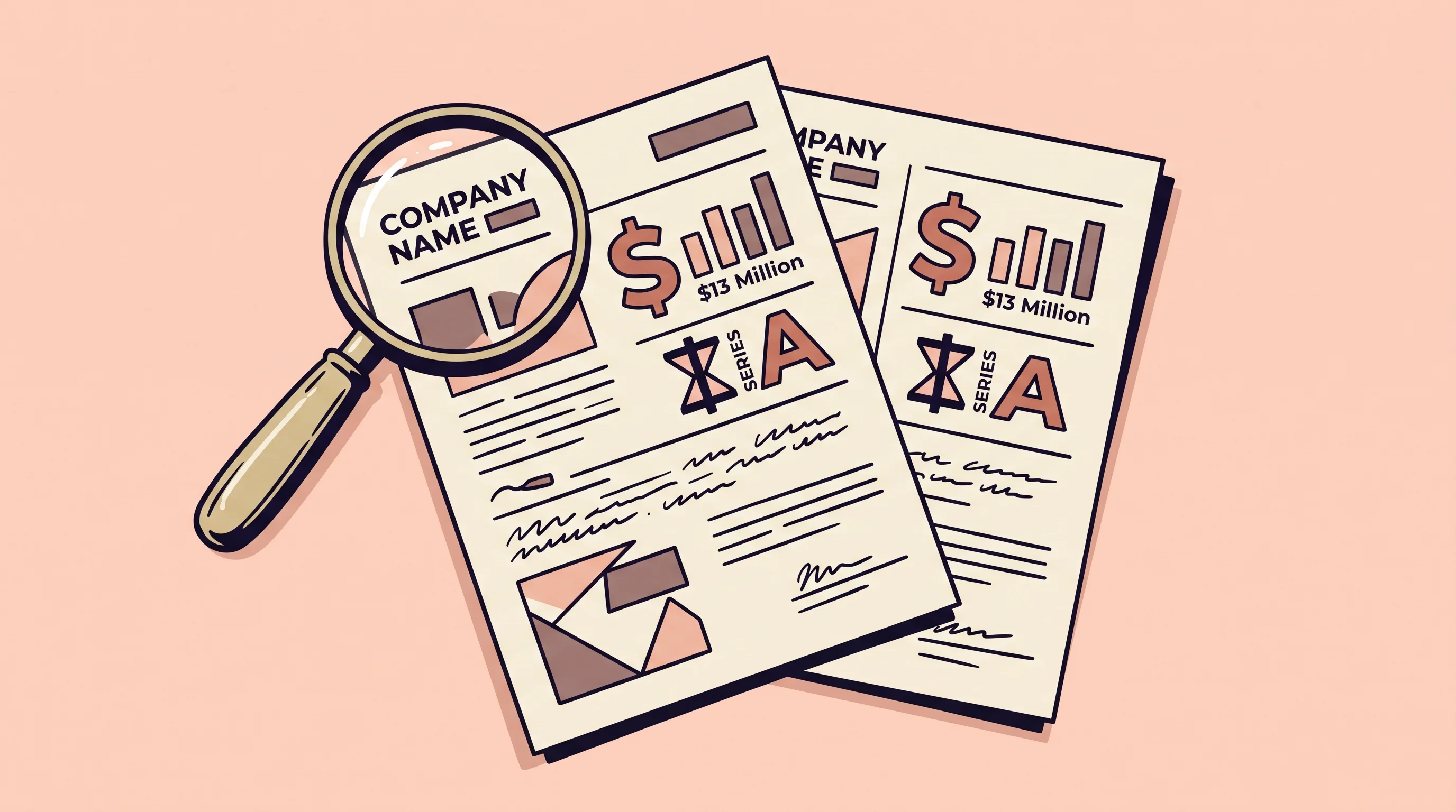 Digital illustration for article section "The Name Game" in "Unverified: Skit.ai Funding Claim Raises Questions on AI Startup News" - A conceptual flat illustration of two nearly identical corporate documents overlapping on a clean, m...