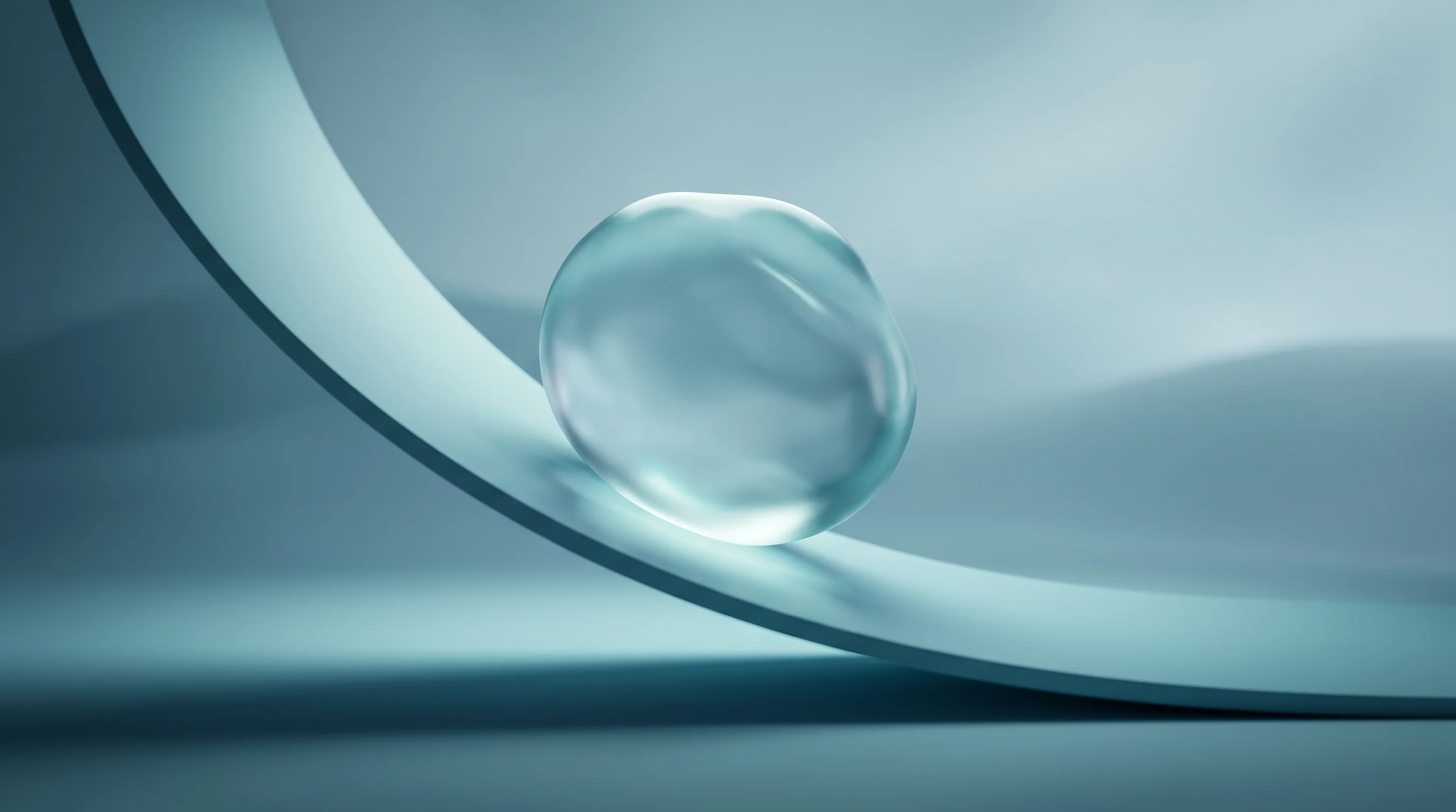 Digital illustration for article section "The Unclear Endgame" in "Bioplastics Breakthrough: Multi-Kilogram Production Hits Major Milestone" - A conceptual, minimalist 3D rendering of a pristine, translucent bioplastic polymer form balancing o...