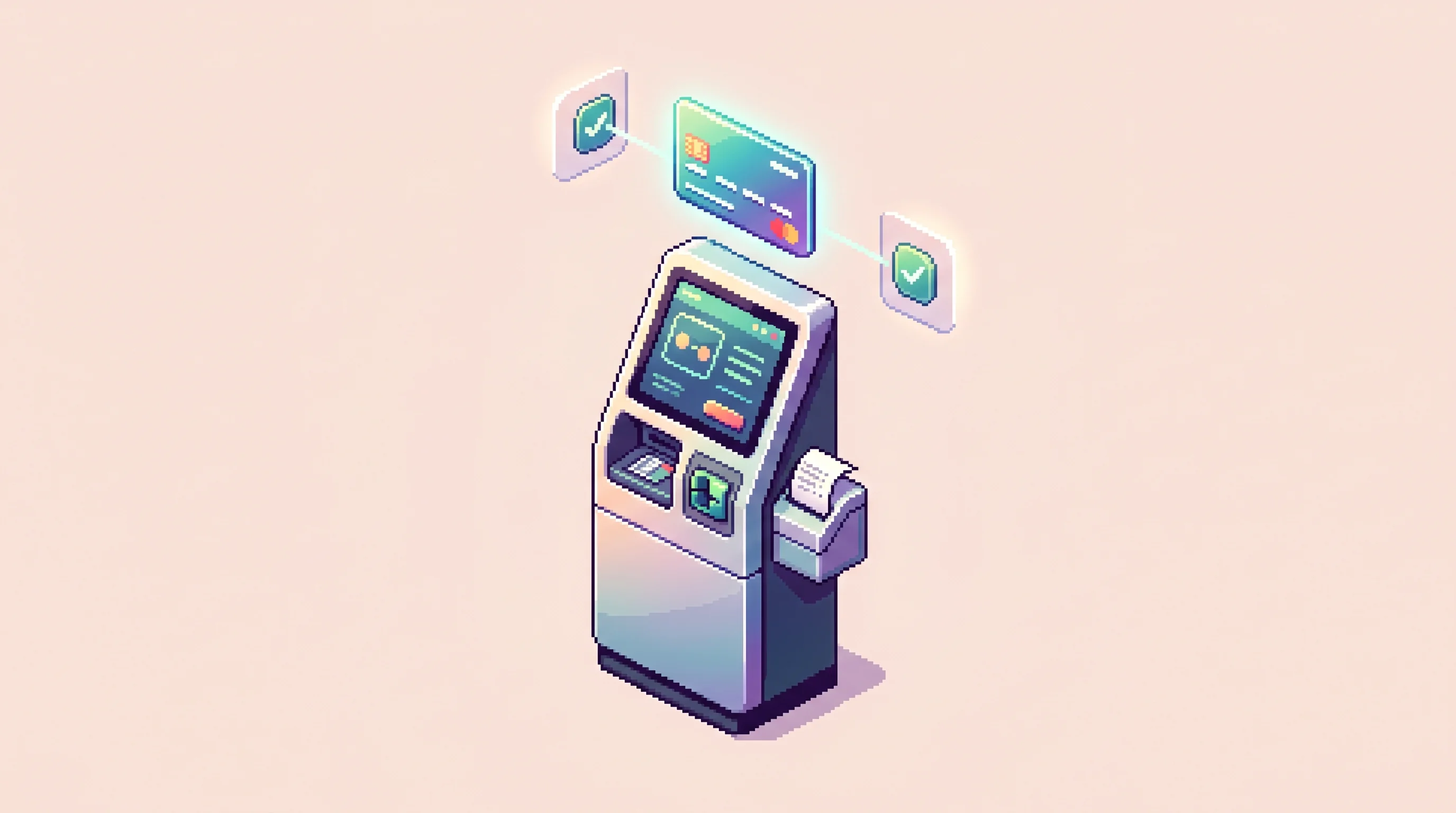 Digital illustration for article section "Payment Giants Retrofit the Rails" in "The Race to Prove AI Agents Have Permission to Spend Your Money" - A minimalist, isometric pixel art illustration of a sleek, modern automated payment terminal seamles...