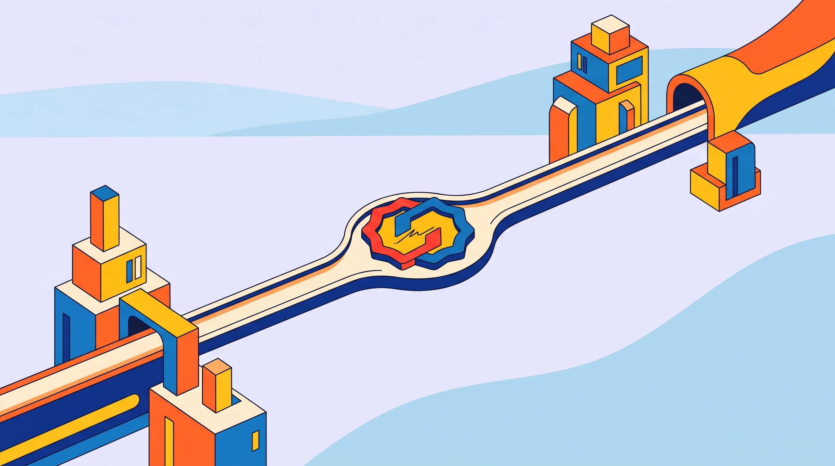 Digital illustration for article section "A New Settlement Rail Takes Shape" in "The AI Trading Agent Problem: Why Policy Controls Matter Now" - A conceptual and minimalist illustration of a sleek, continuous modern pathway or stylized rail stre...