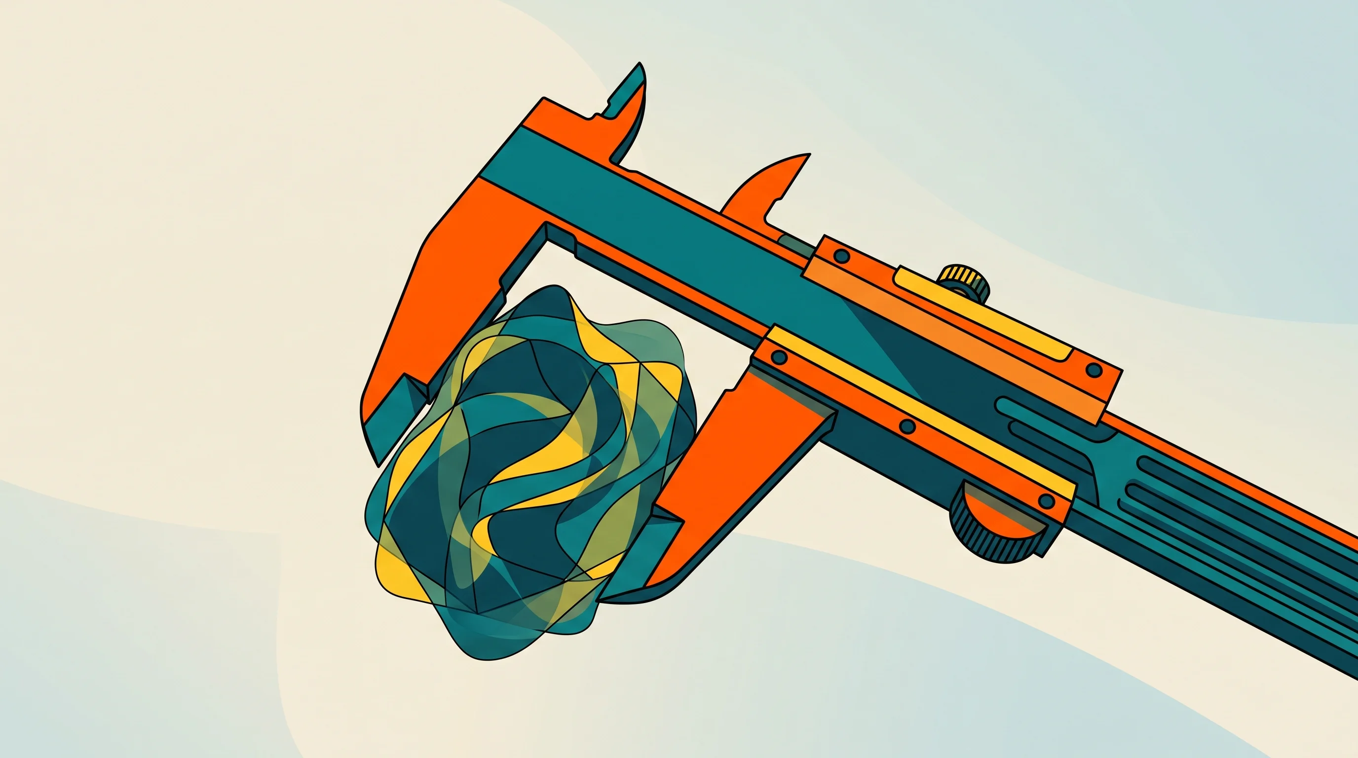 Digital illustration for article section "What Still Doesn't Work" in "The AI Trading Agent Problem: Why Policy Controls Matter Now" - A conceptual illustration of a massive, retro-futuristic caliper tool attempting to measure a fluid,...