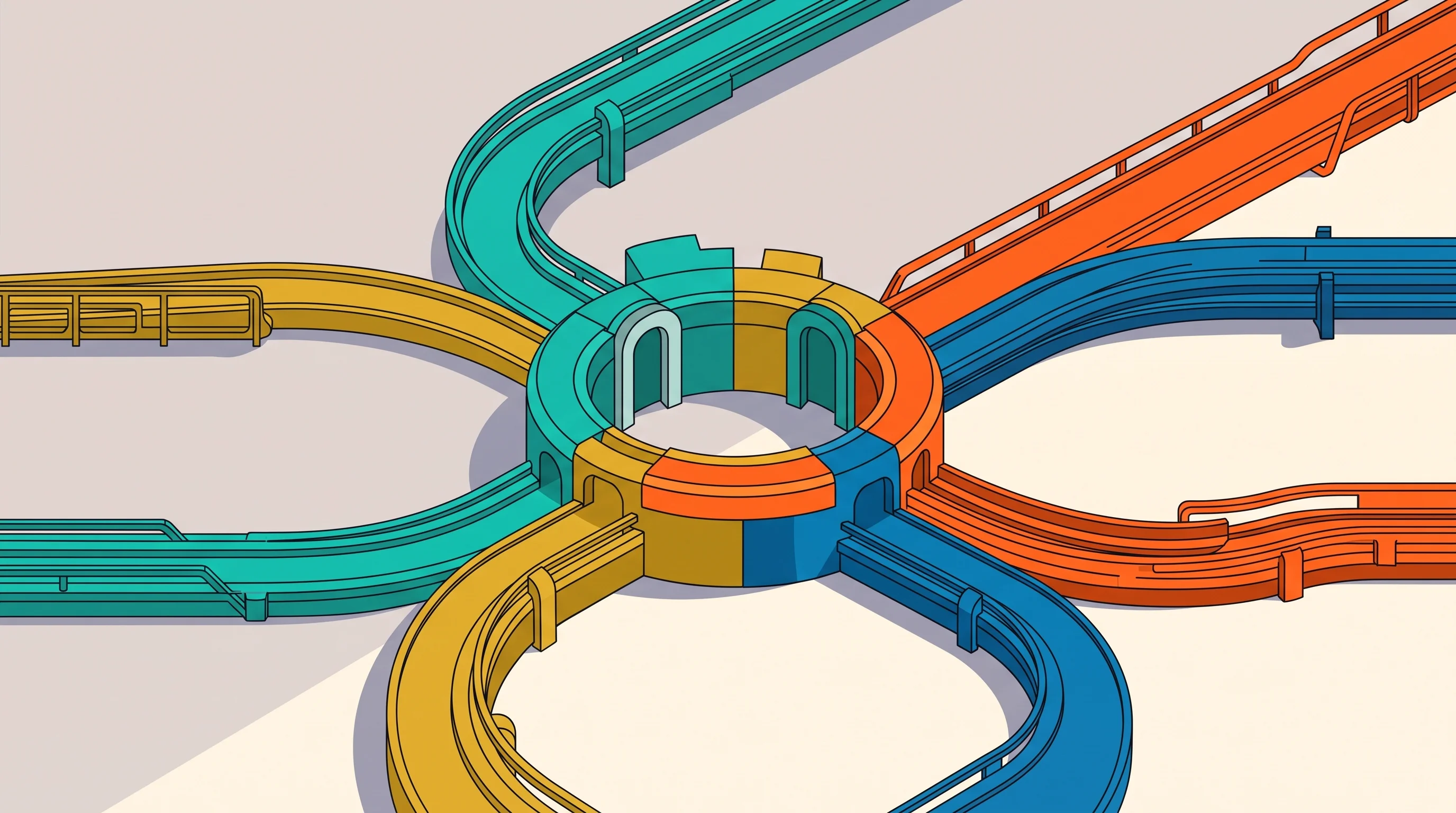 Digital illustration for article section "A Pattern Emerges" in "The AI Trading Agent Problem: Why Policy Controls Matter Now" - A clean and minimalist conceptual illustration showing several distinct, smooth structural pathways ...