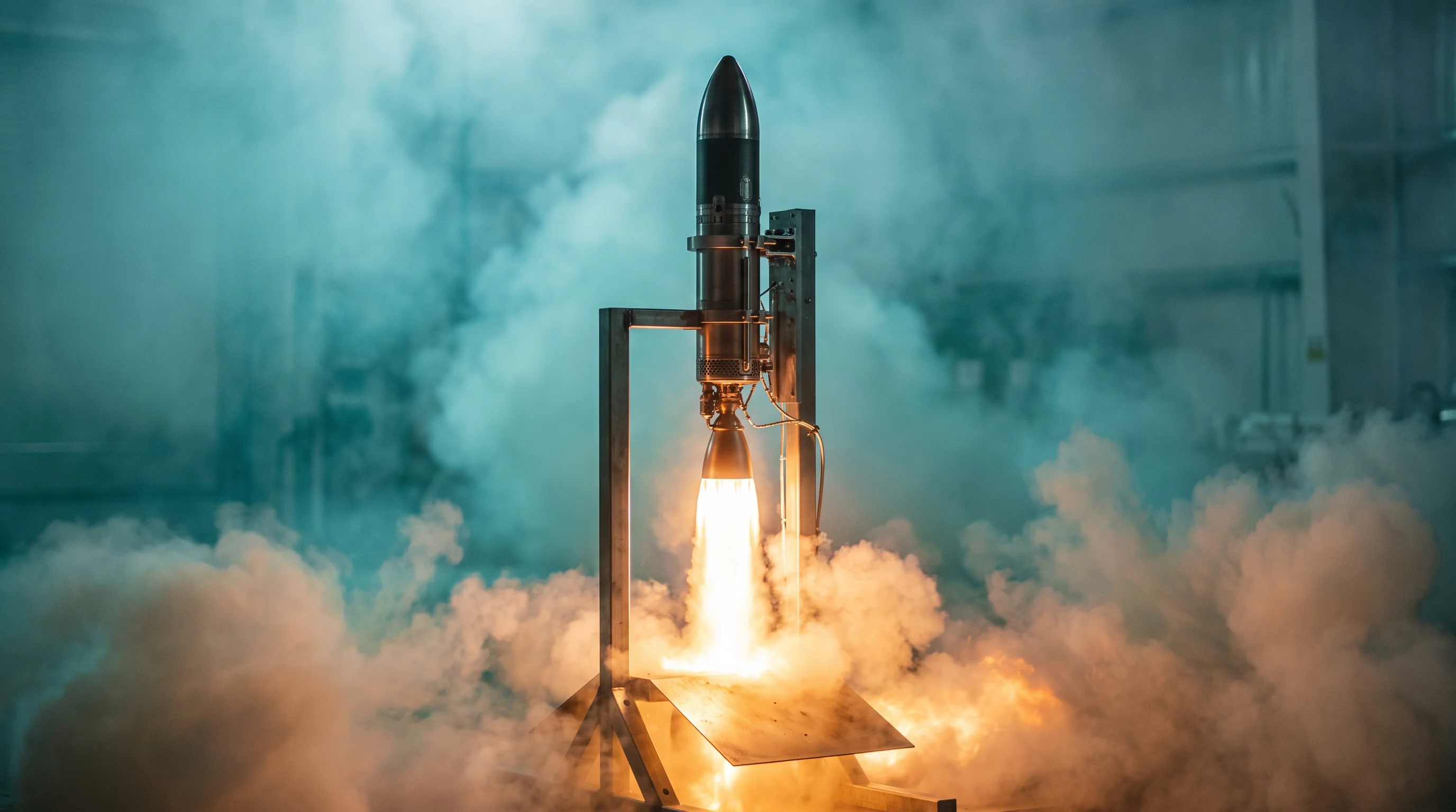 Digital illustration for article section "What They've Actually Tested" in "YC-Backed Hop Aero Unveils Container-Launched Hypersonic Cargo Rocket" - A sleek, modern small-scale rocket prototype secured to a minimalist testing stand undergoing a dram...