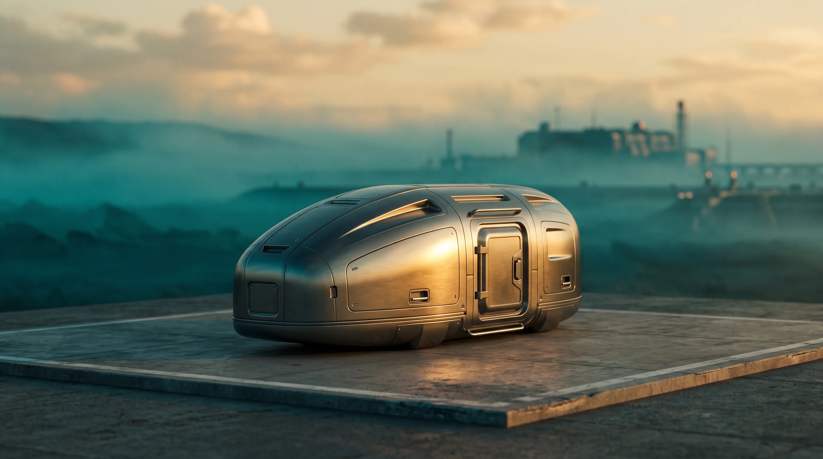 Digital illustration for article section "The Economics Question" in "YC-Backed Hop Aero Unveils Container-Launched Hypersonic Cargo Rocket" - A sleek, aerodynamic cargo container resting on a minimalist landing pad, conceptually representing ...