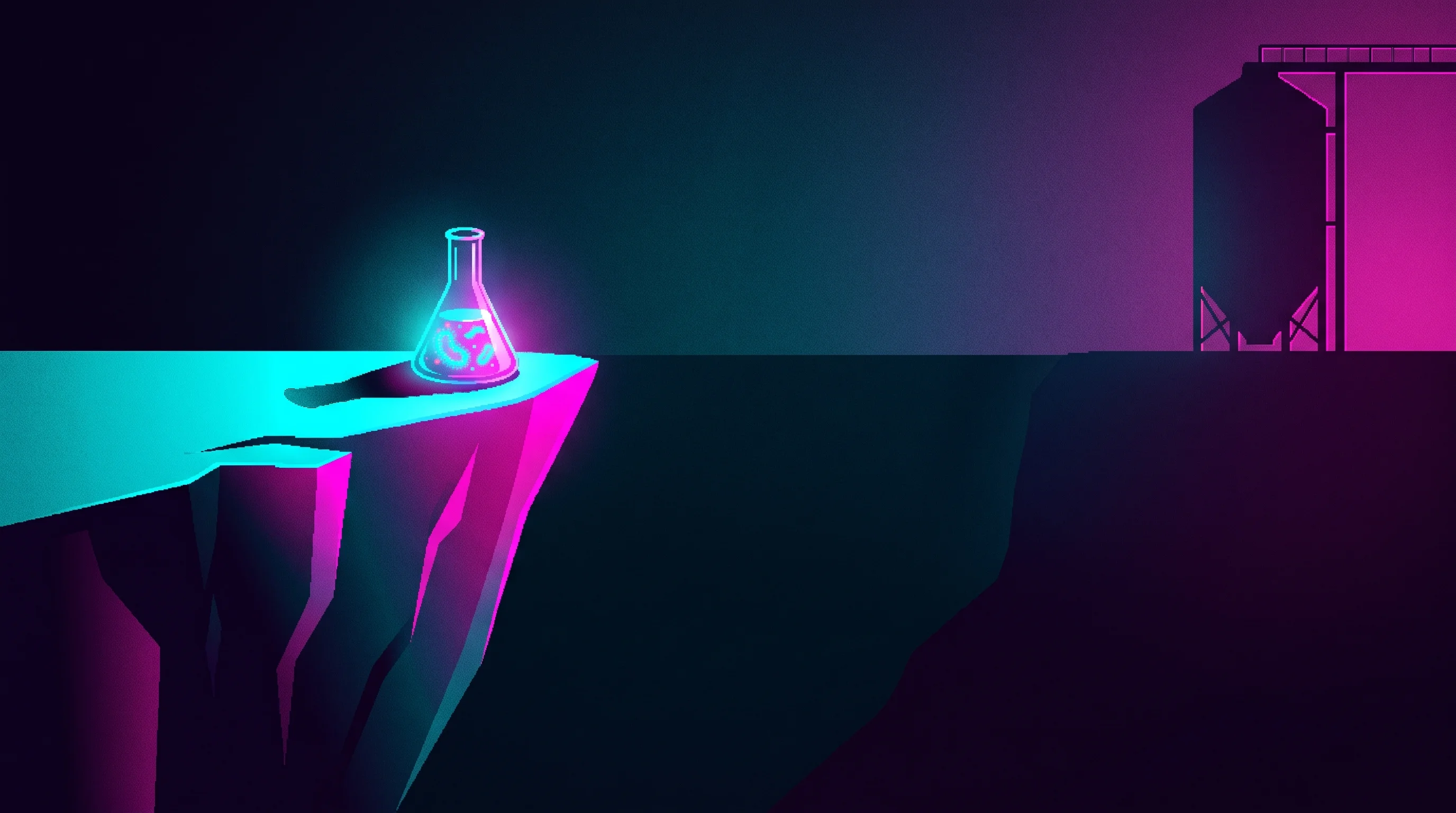 Digital illustration for article section "The Valley of Death Ahead" in "YC-Backed Industrial Microbes Hits 20kg Bioplastic Scale-Up Milestone" - A conceptual, minimal illustration representing the biotech "Valley of Death," featuring a small, gl...