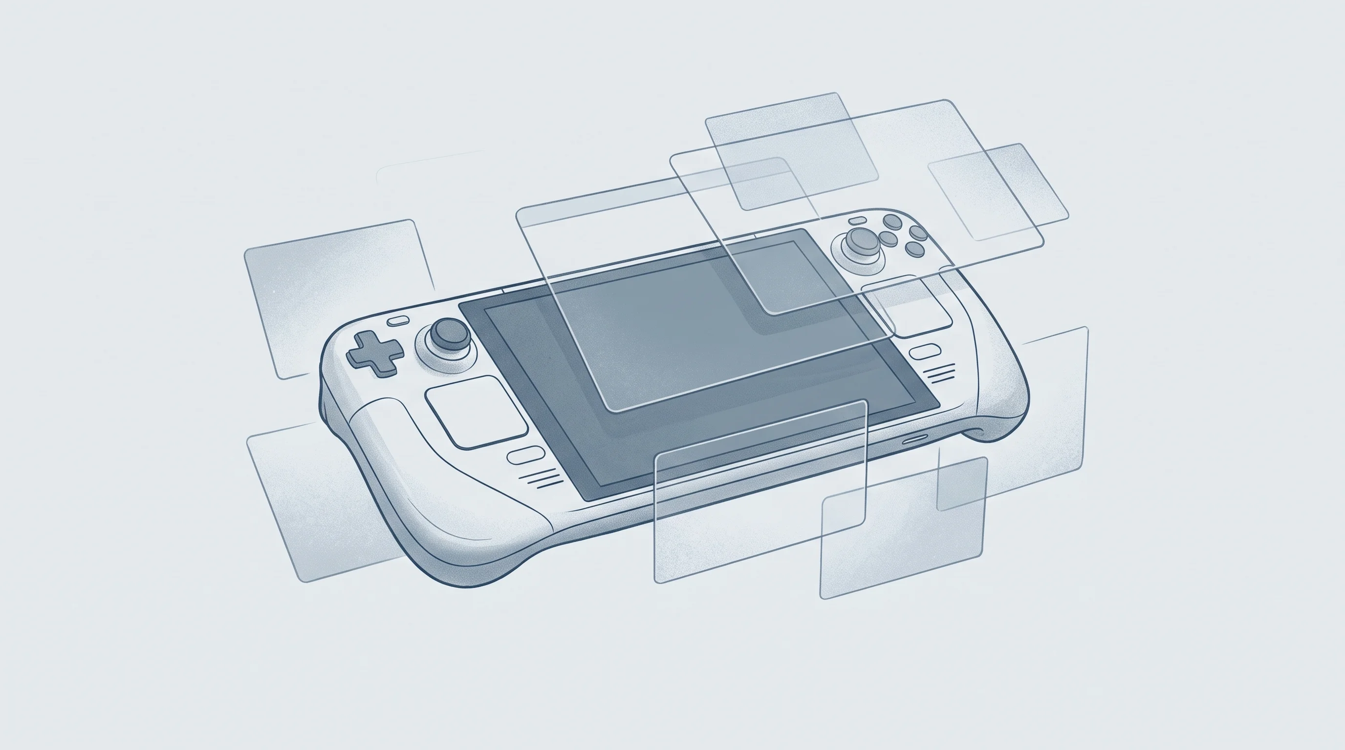 Digital illustration for article section "The Real Test" in "Indian Startup ARC Opens Beta for $300 Gaming Handheld to Challenge ROG, Legion" - A sleek, modern handheld gaming console rests in the center of a clean, uncluttered composition, sur...