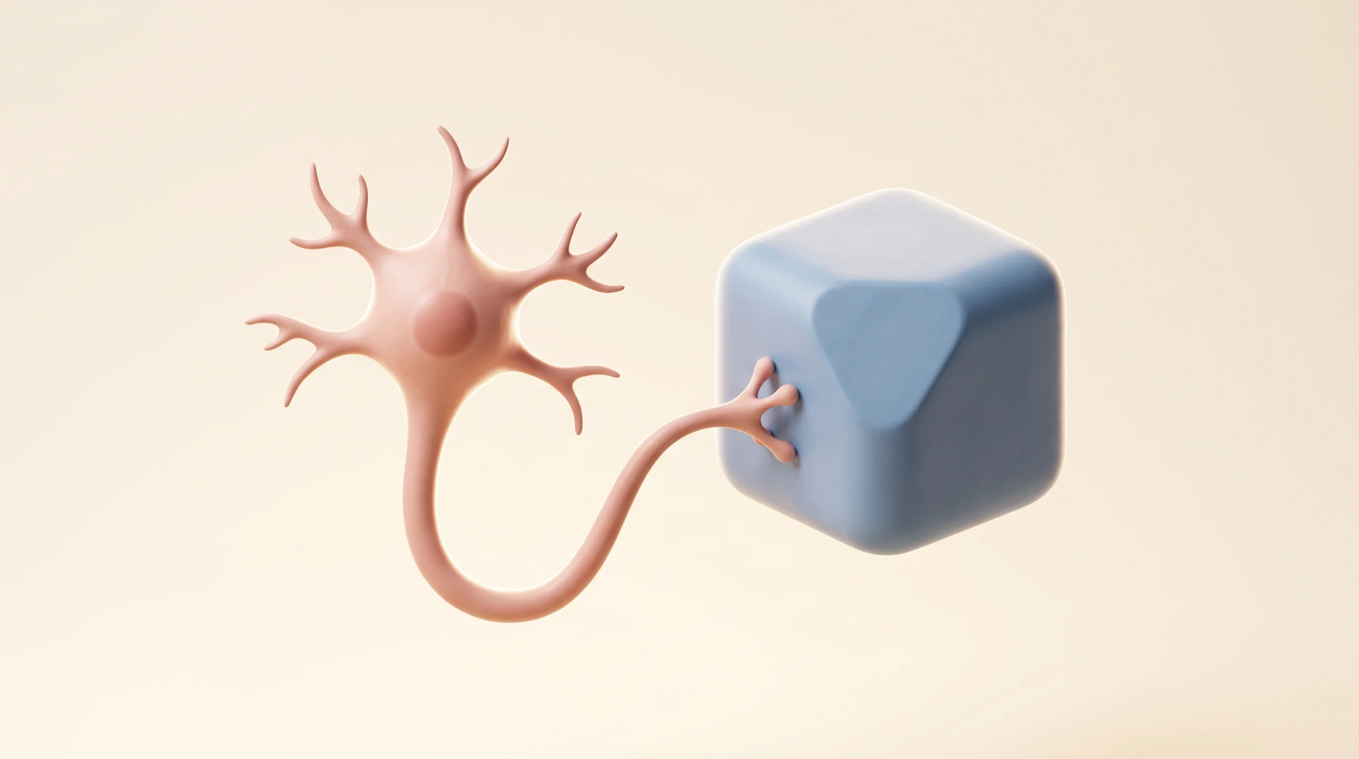 Digital illustration for article section "Who's Building This" in "Brain Cells as AI Chips: The Race to Build Biological Computers" - A clean, minimal, and conceptual 3D composition representing the fusion of living biology and progra...