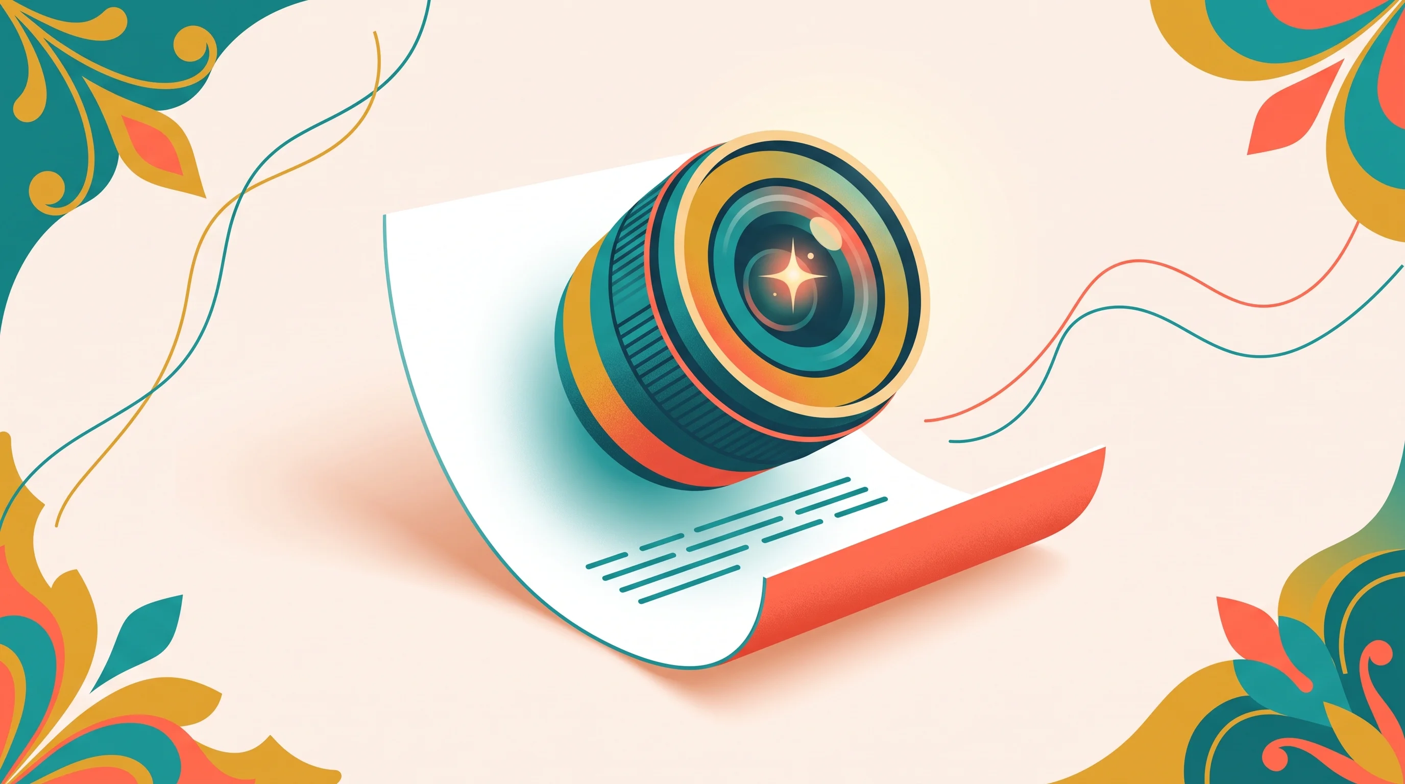 Digital illustration for article section "The Product, Simplified" in "OpenVector's Vision AI Turns Any Camera Into Autonomous Worker" - A clean, minimal, and conceptual composition featuring a stylized, floating camera lens elegantly em...