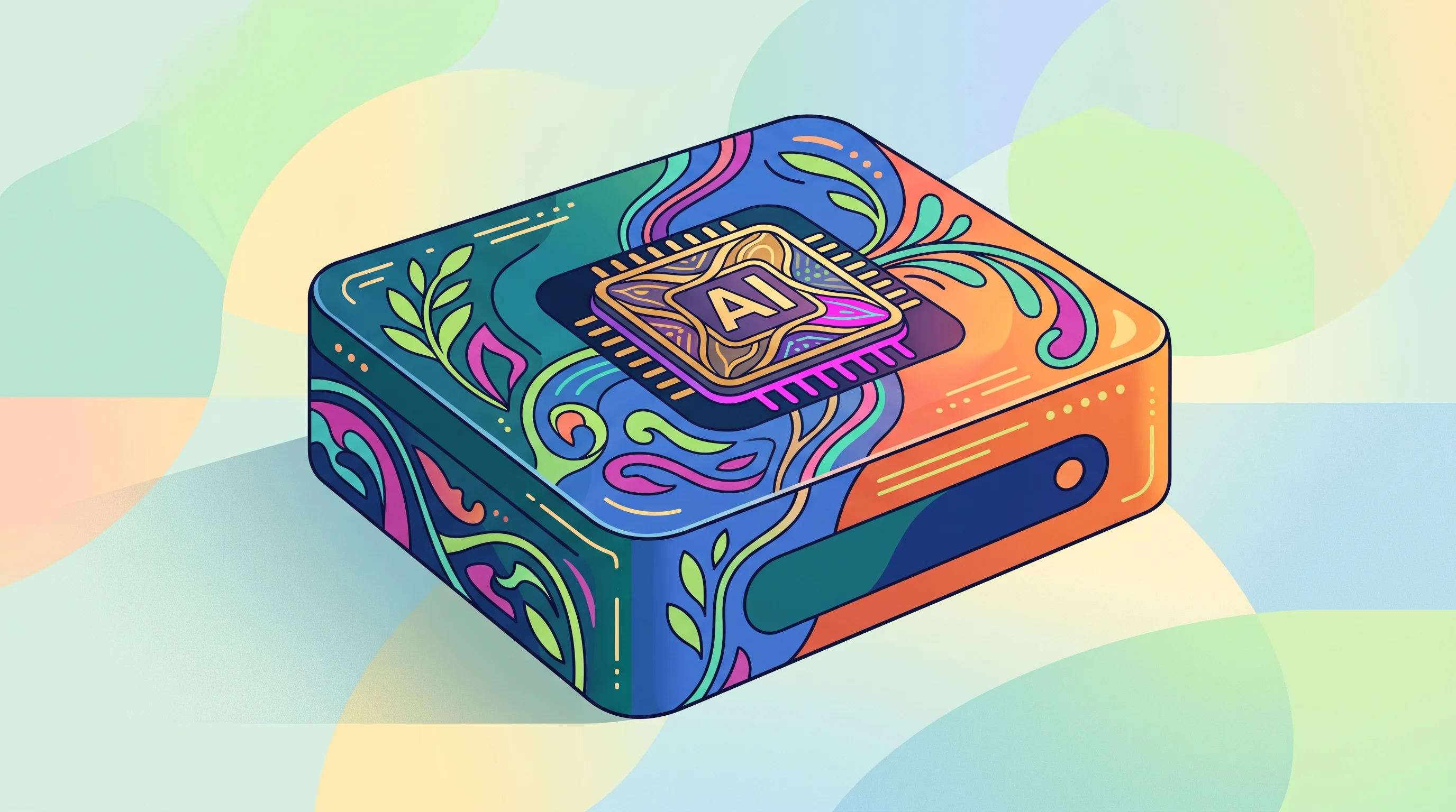 Digital illustration for article section "Hardware Constraints, Getting Lighter" in "OpenVector's Vision AI Turns Any Camera Into Autonomous Worker" - A sleek, minimalist edge computing box featuring a stylized central AI processor chip, symbolizing l...