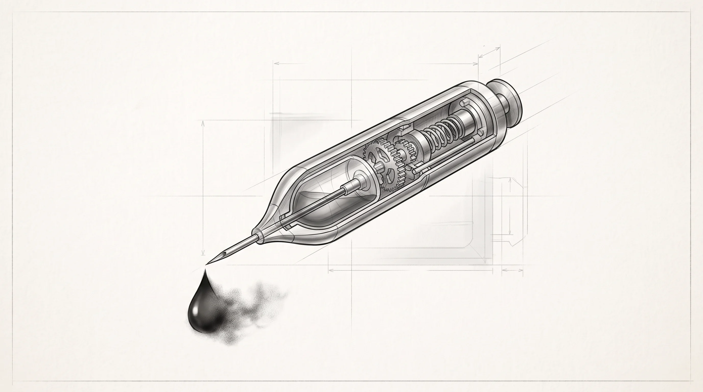Digital illustration for article section "A Crowded Field of Would-Be Disruptors" in "UK Biotech Launches World's First Painless Microdot Tattoo System" - A clean, minimal composition featuring a precise robotic tattoo needle mechanism as the single stron...