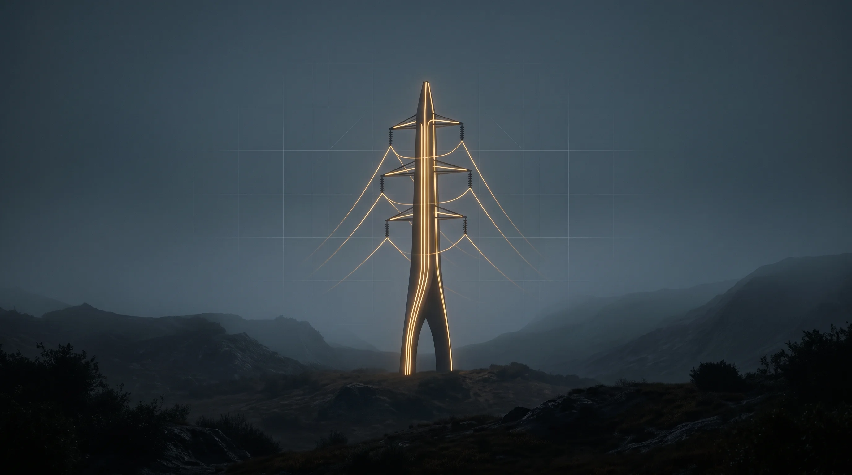 Digital illustration for article section "The New Narrative" in "The AI Infrastructure Gold Rush: Six Series A Deals in Two Weeks" - A minimalist, towering high-voltage energy transmission structure standing as a solitary monument in...