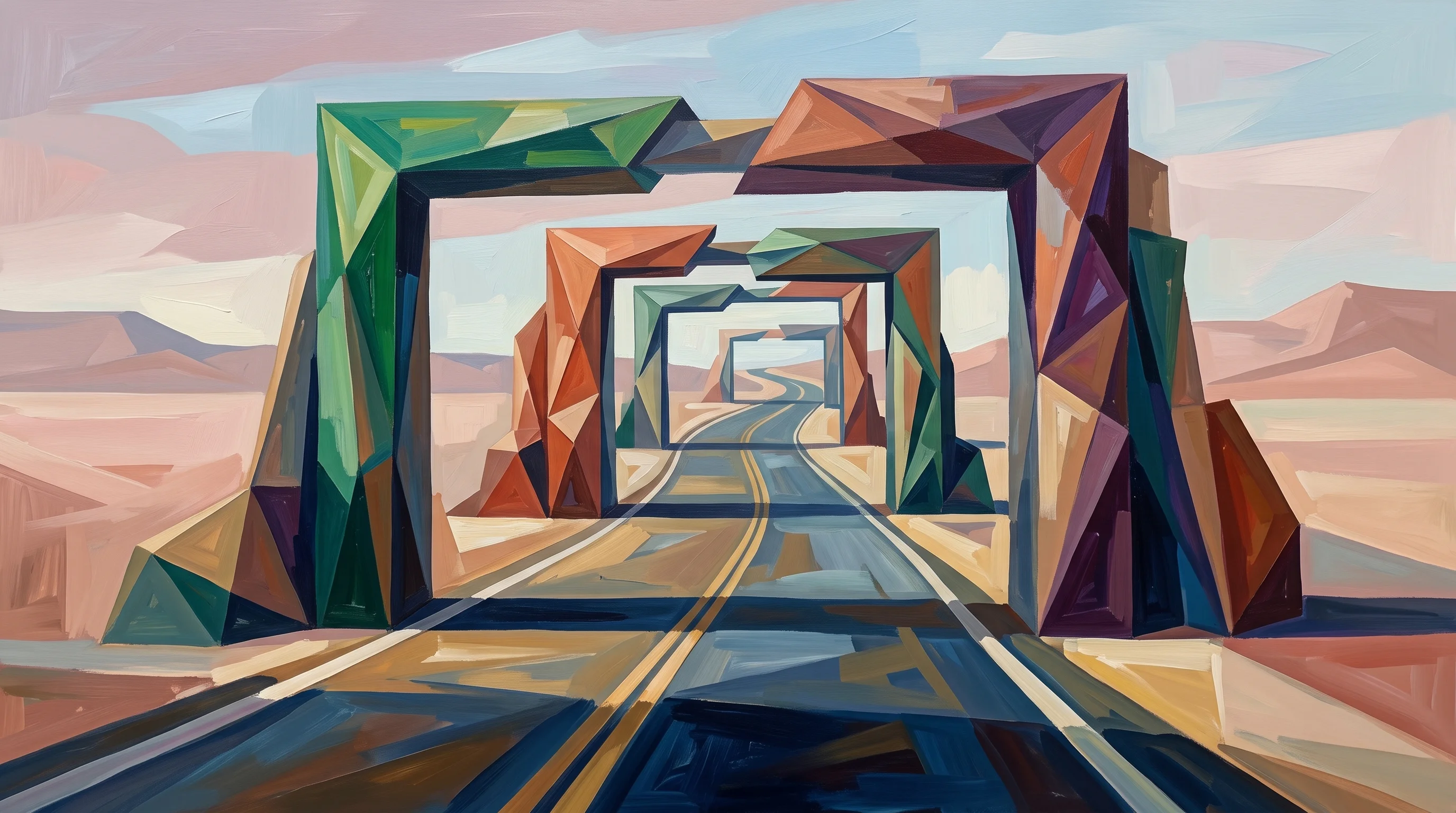 Digital illustration for article section "The Long Road Ahead" in "Citadel Veterans Land $10M Pre-Seed for Institutional Retail Trading" - A minimalist and conceptual representation of a long, winding path passing through a series of monum...