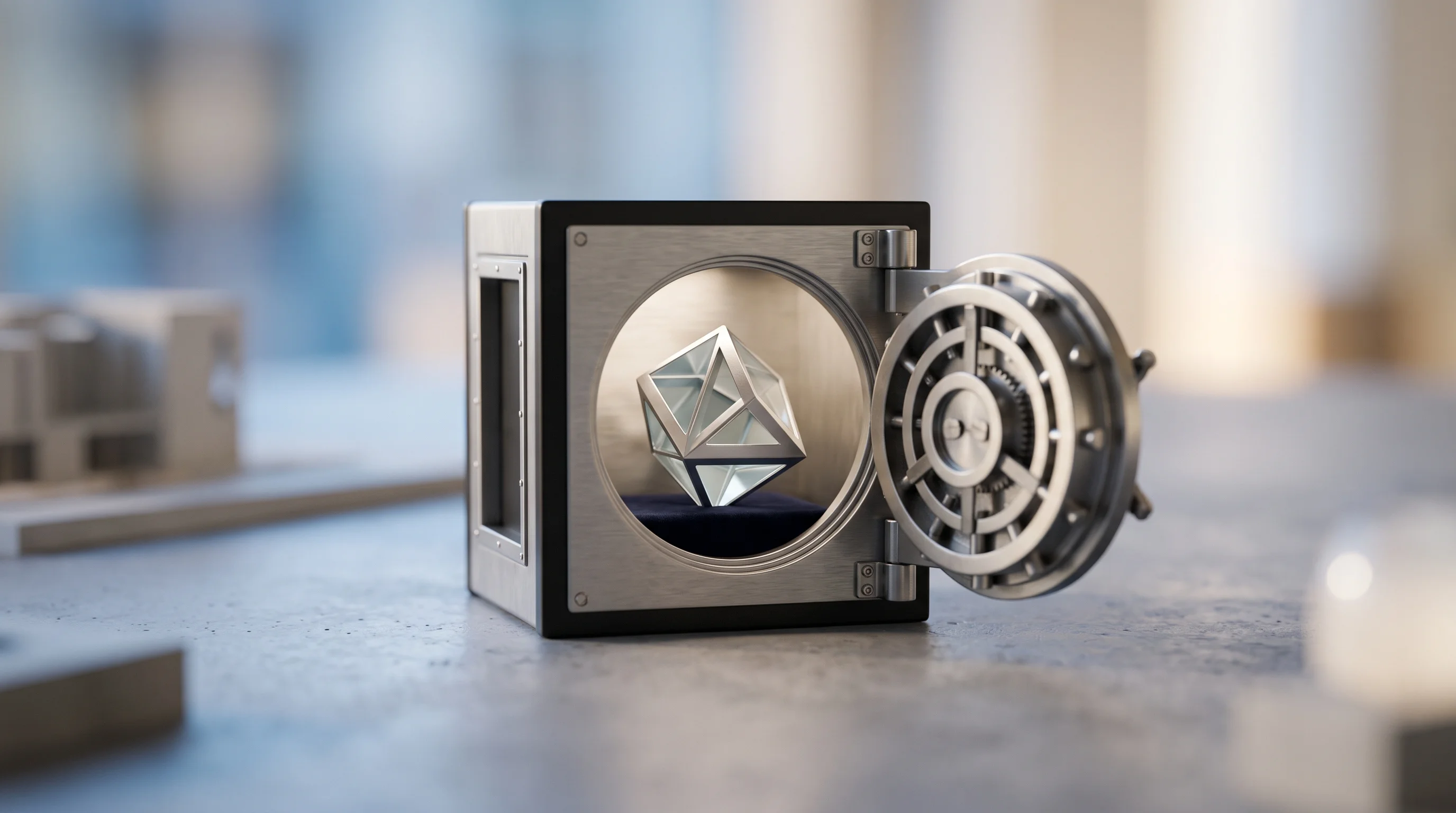Digital illustration for article section "Tokenizing the Fee Position Itself" in "OpenZaps Launches Tokenized Fee Staking on Robinhood Chain" - A close-up, tilt-shift macro photograph of a miniature, highly detailed modern vault resting on a sm...