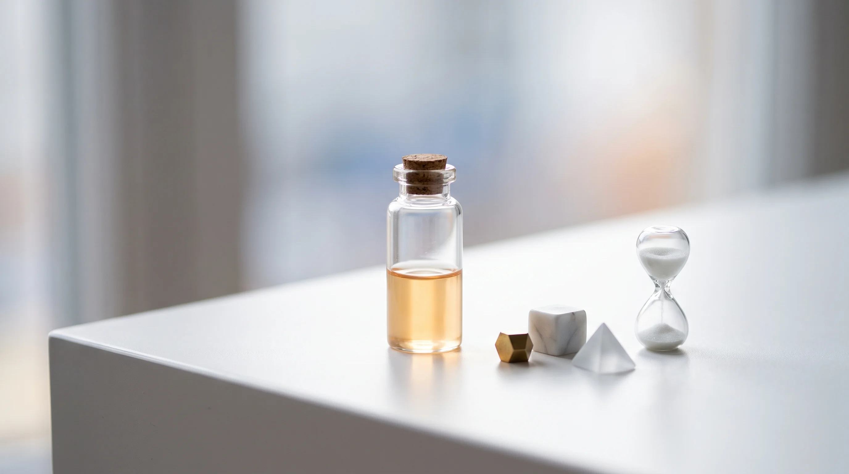 Digital illustration for article section "Returns? Depends on Who Shows Up" in "OpenZaps Launches Tokenized Fee Staking on Robinhood Chain" - A pristine, minimalist miniature diorama of a sleek, transparent glass vial partially filled with a ...