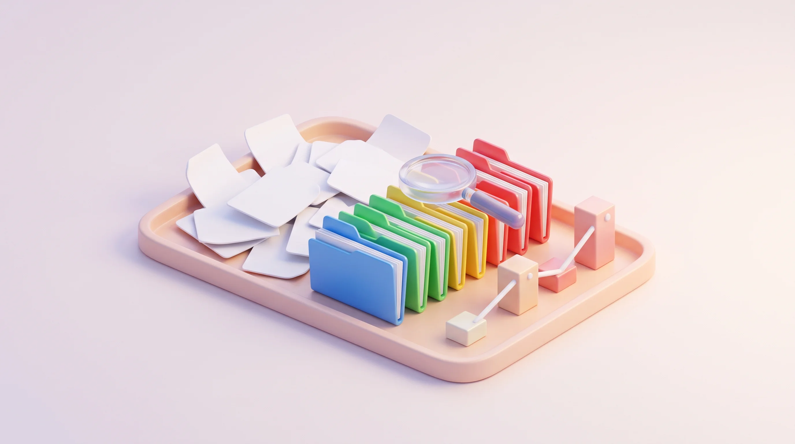 Digital illustration for article section "What the Platform Actually Does" in "Curant.ai Raises $3.1M to Bring AI to Disability Insurance Claims" - A minimalist, neo-retro 3D cartoon miniature model of a stylized sorting tray where scattered, compl...