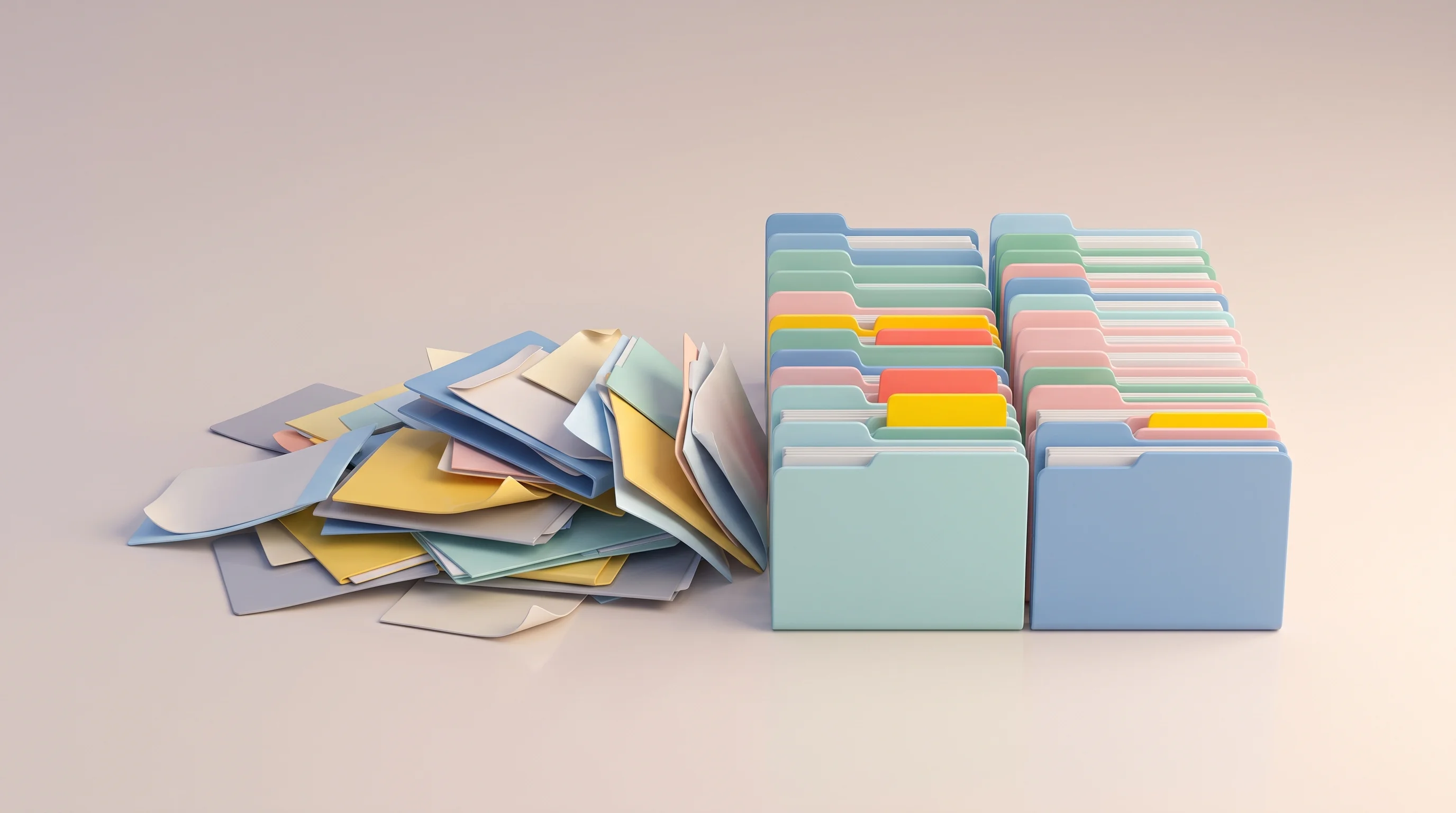 Digital illustration for article section "The Augmentation vs. Replacement Question" in "Curant.ai Raises $3.1M to Bring AI to Disability Insurance Claims" - A clean, minimalist conceptual scene showing a scattered, messy pile of unstructured case files and ...