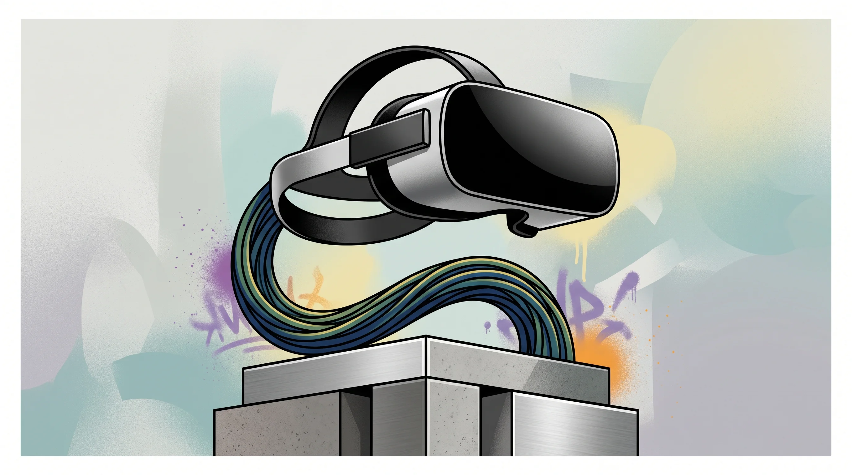 Digital illustration for article section "The Founders and the Timing" in "Saudi AI Startup Think Raises $8M in Record MENA Pre-Seed Round" - A sleek, minimalist VR headset conceptually merging with an elegant, stylized networking cable rests...