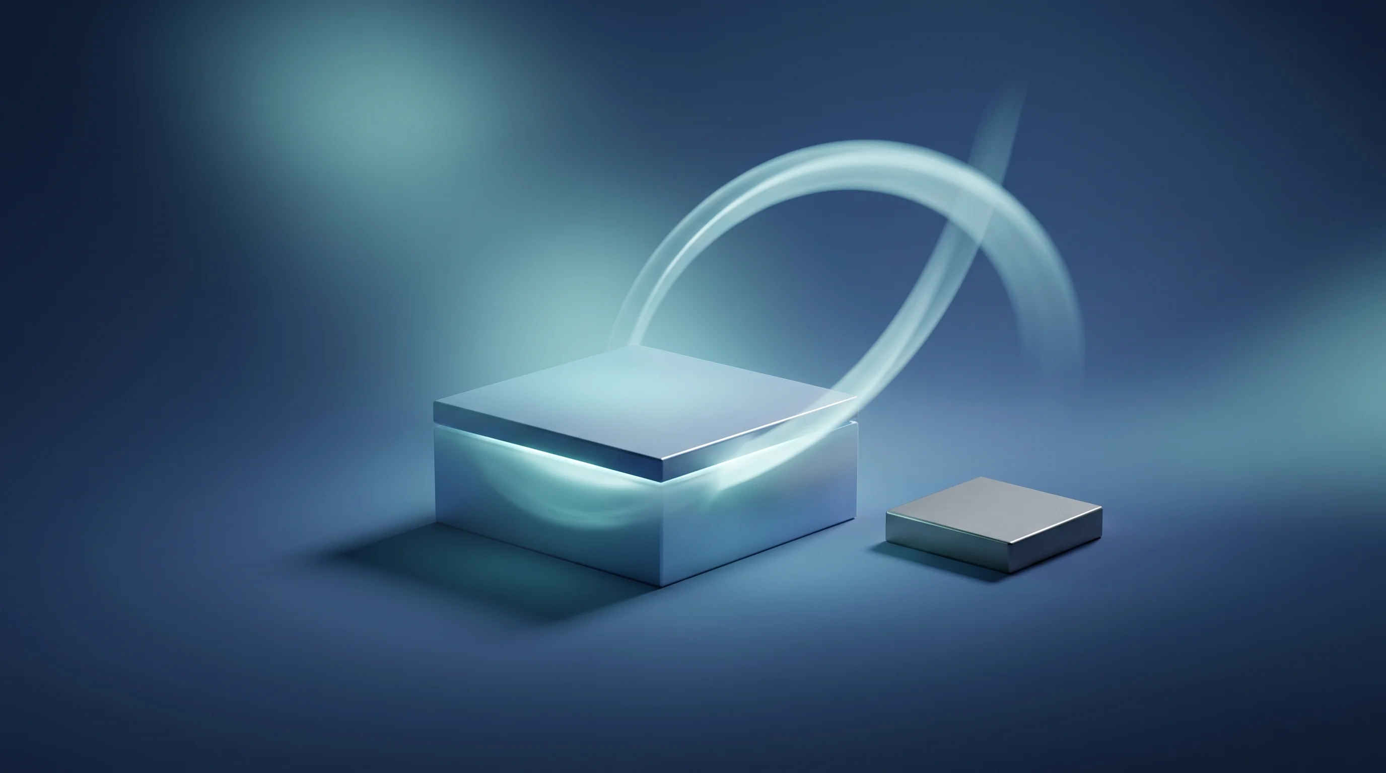 Digital illustration for article section "A Benchmark Built to Avoid NVIDIA" in "Acrab's Agent Box Takes Aim at NVIDIA's AI Mini PC—But Can It Deliver?" - A minimalist, futuristic 3D rendering featuring a sleek, prominent geometric box prominently centere...