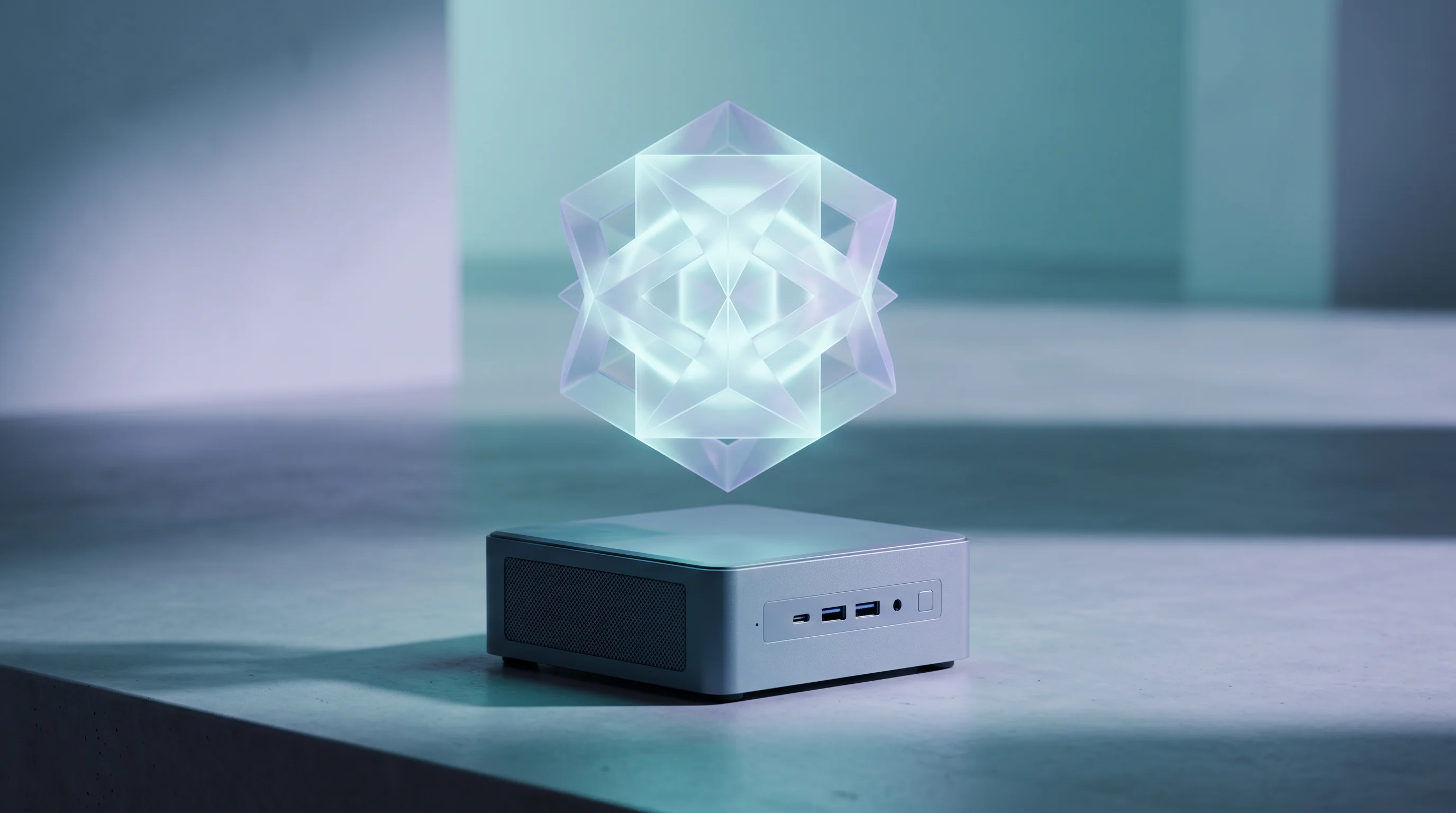 Digital illustration for article section "Promise Versus Product" in "Acrab's Agent Box Takes Aim at NVIDIA's AI Mini PC—But Can It Deliver?" - A conceptual 3D rendering illustrating the gap between AI hype and hardware reality, featuring a sle...