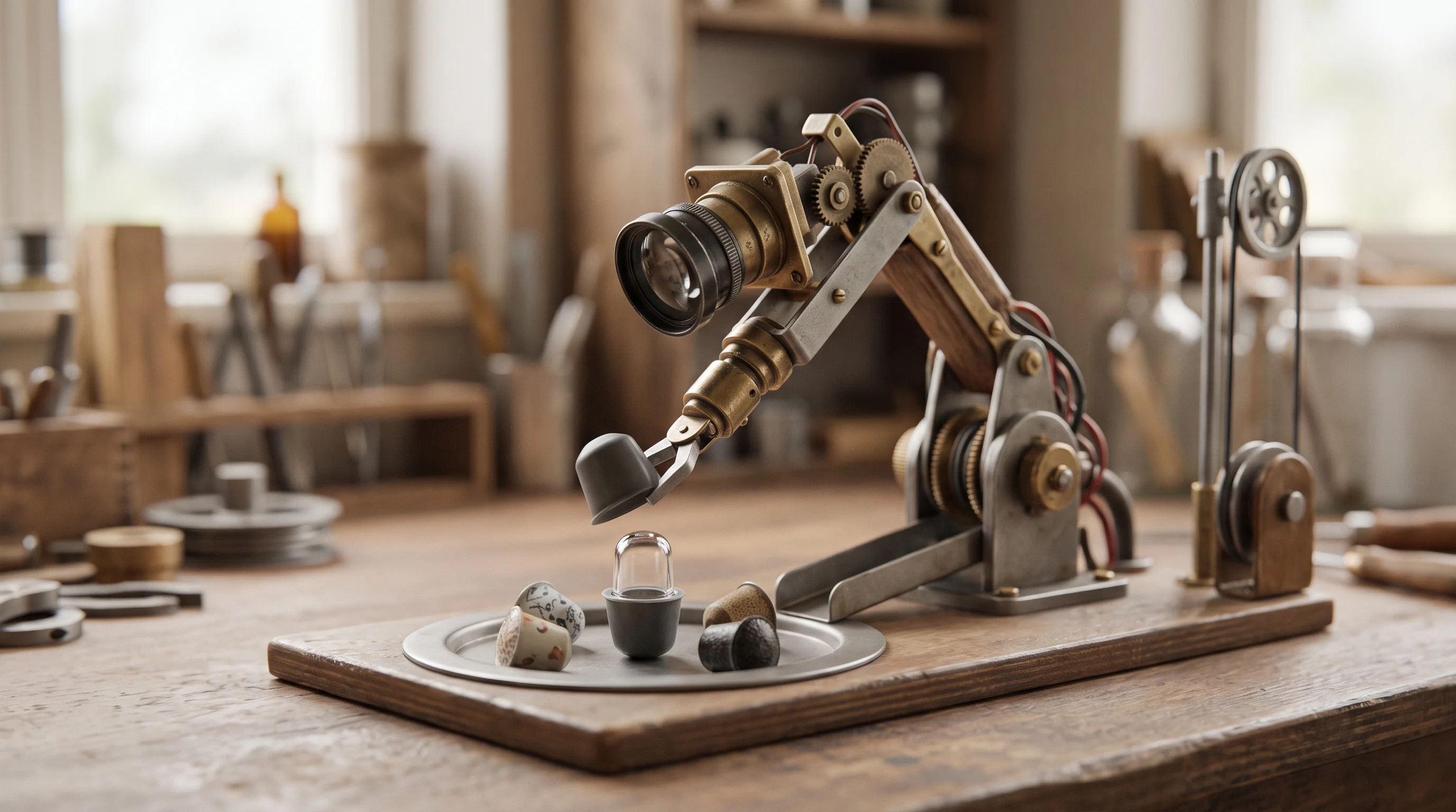 Digital illustration for article section "What This Company Actually Does" in "Spur Intelligence Raises $200M as Bots Overtake Human Web Traffic" - A finely crafted, retro-futuristic mechanical sorting apparatus made of tactile, matte metallic mate...