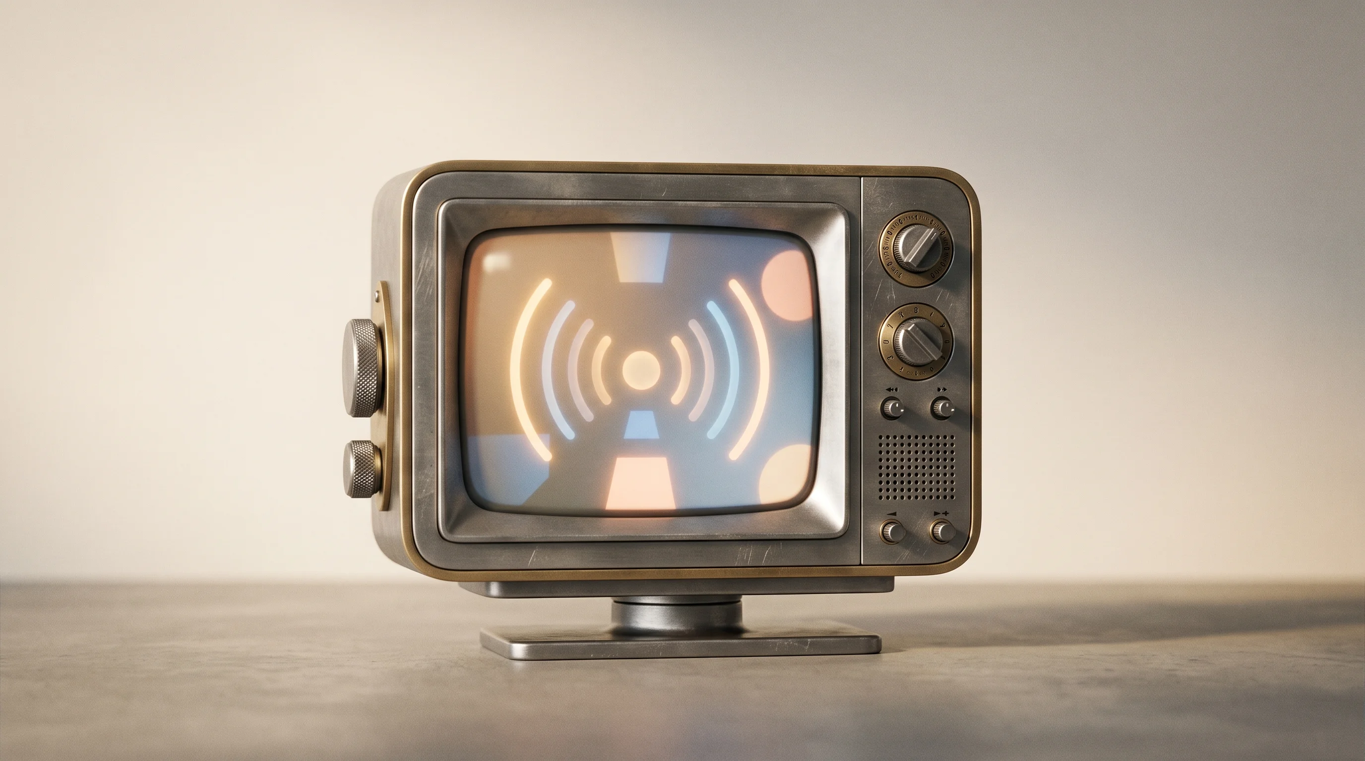 Digital illustration for article section "The Smart TV Moment" in "Spur Intelligence Raises $200M as Bots Overtake Human Web Traffic" - A clean, minimalist composition representing a pivotal "Smart TV Moment" and media publicity, featur...