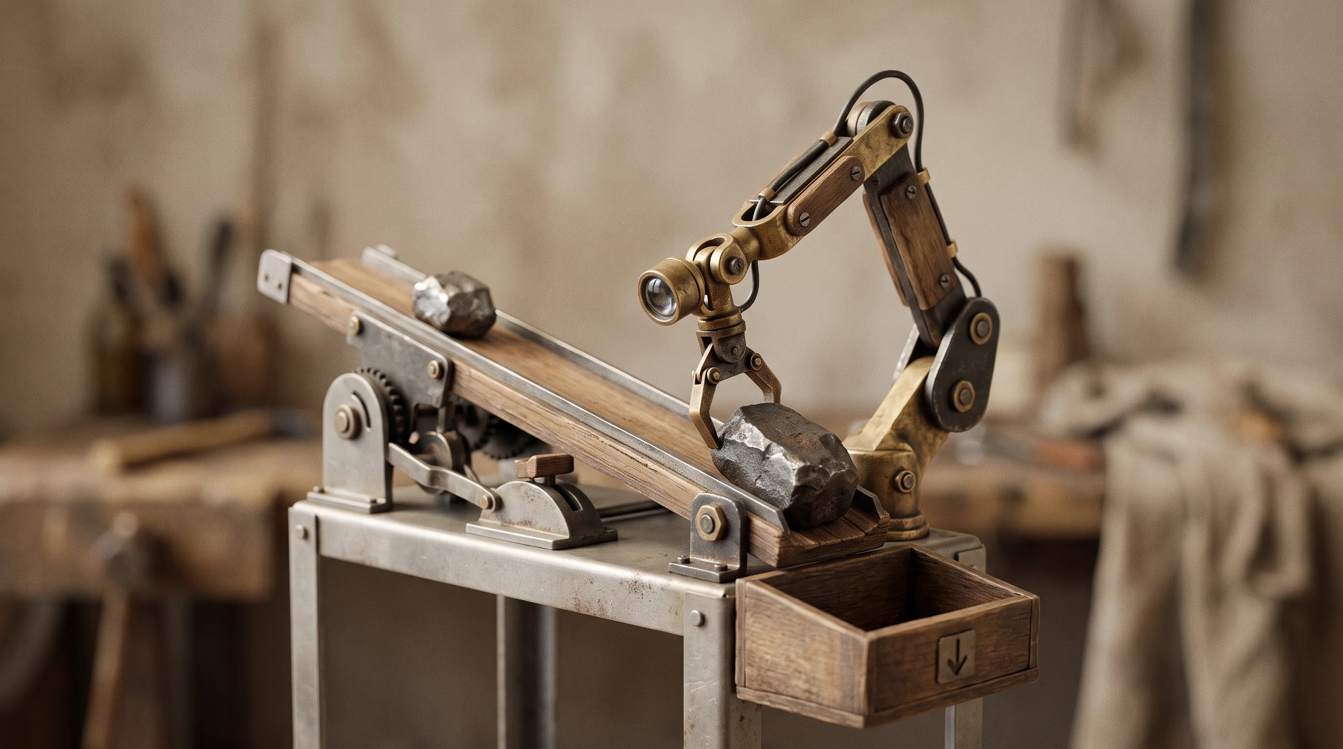 Digital illustration for article section "Where the Money Goes Next" in "Spur Intelligence Raises $200M as Bots Overtake Human Web Traffic" - A clean, minimal conceptual scene featuring a vintage-style mechanical sorting apparatus analyzing a...