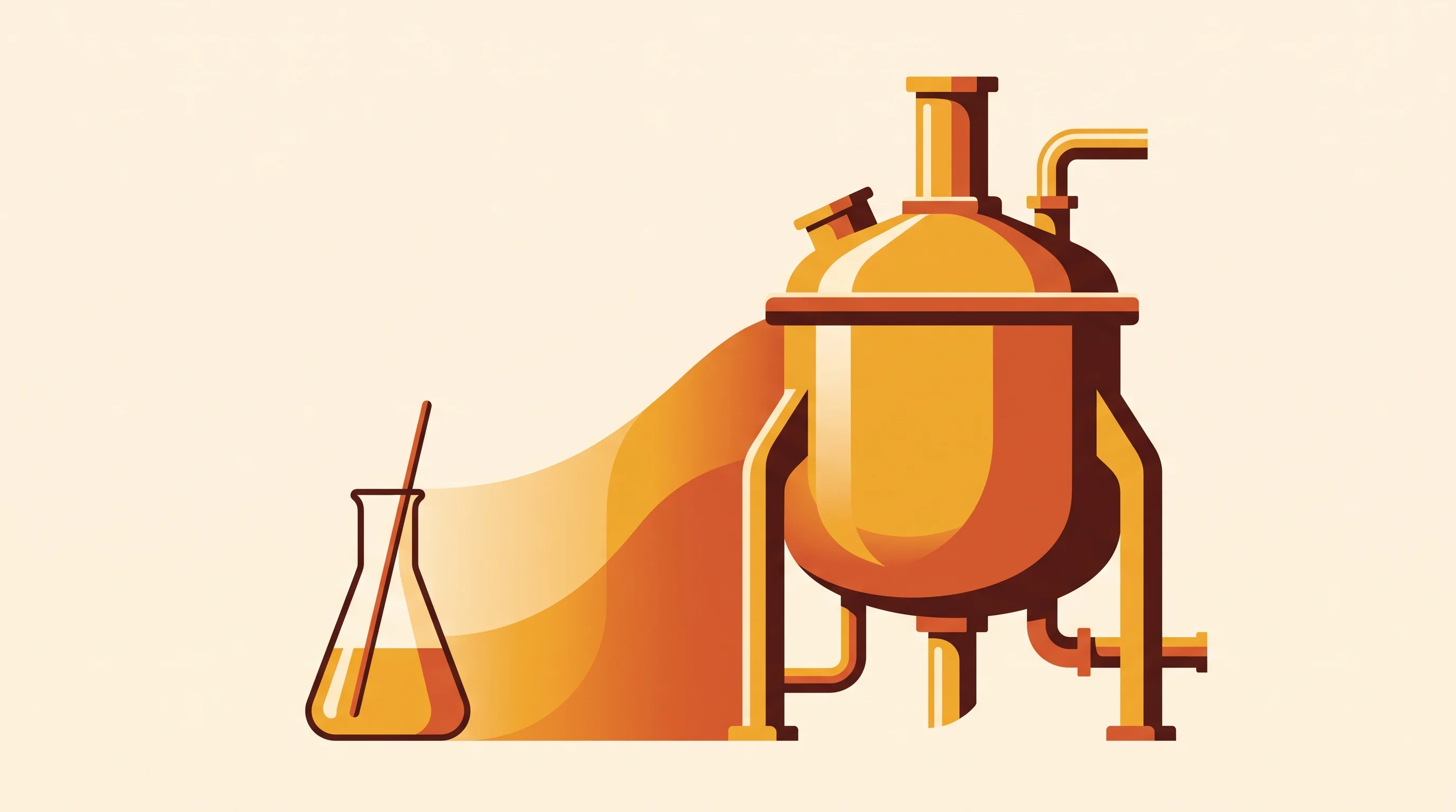 Digital illustration for article section "Scaling Up, Slowly" in "From Lab to Production: Bioplastic Startup Scales After Decade of R&D" - A clean, minimalist conceptual illustration representing the industrial scale-up of novel polymer pr...