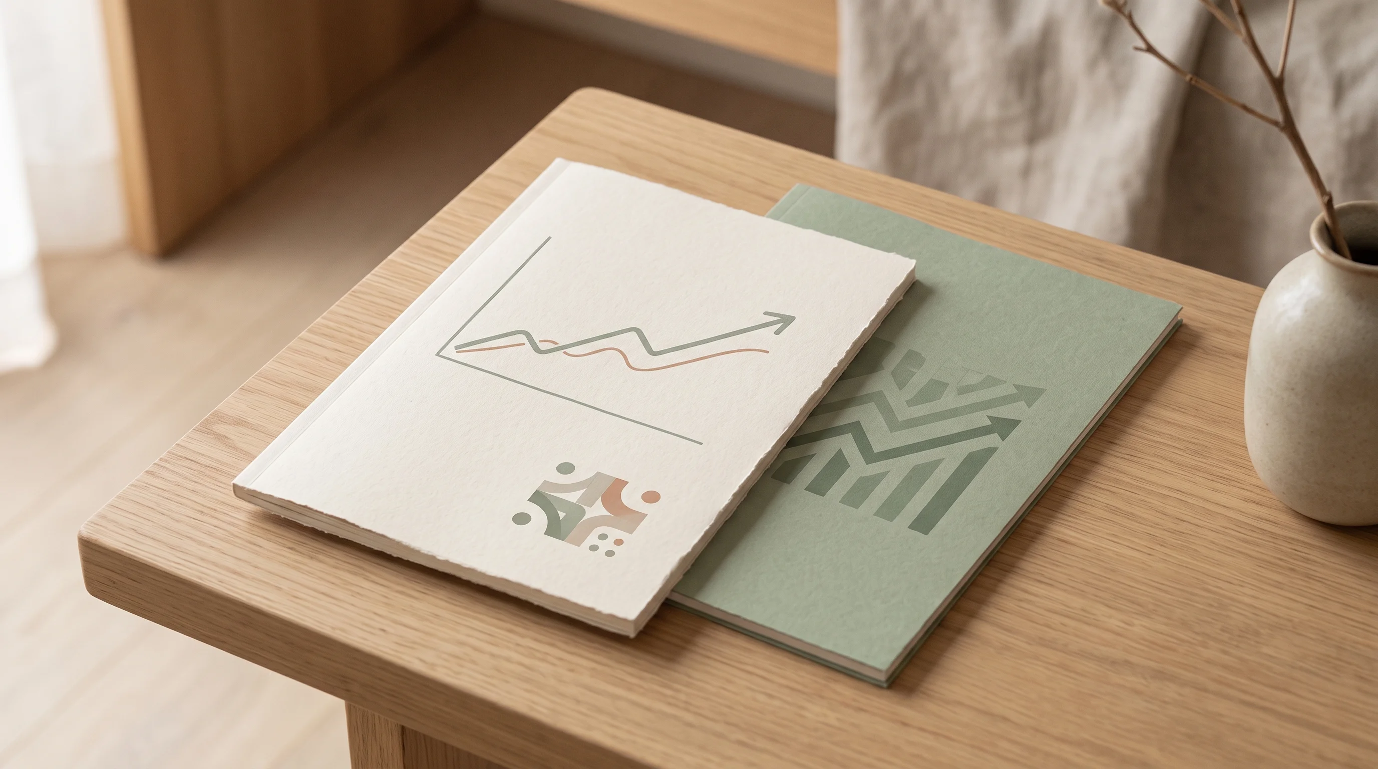 Digital illustration for article section "Content Section 6" in "Open-Source AI GTM Platforms Heat Up as Startups Race to Automate Growth" - Two minimalist research report documents resting gently on a smooth, uncluttered surface, representi...