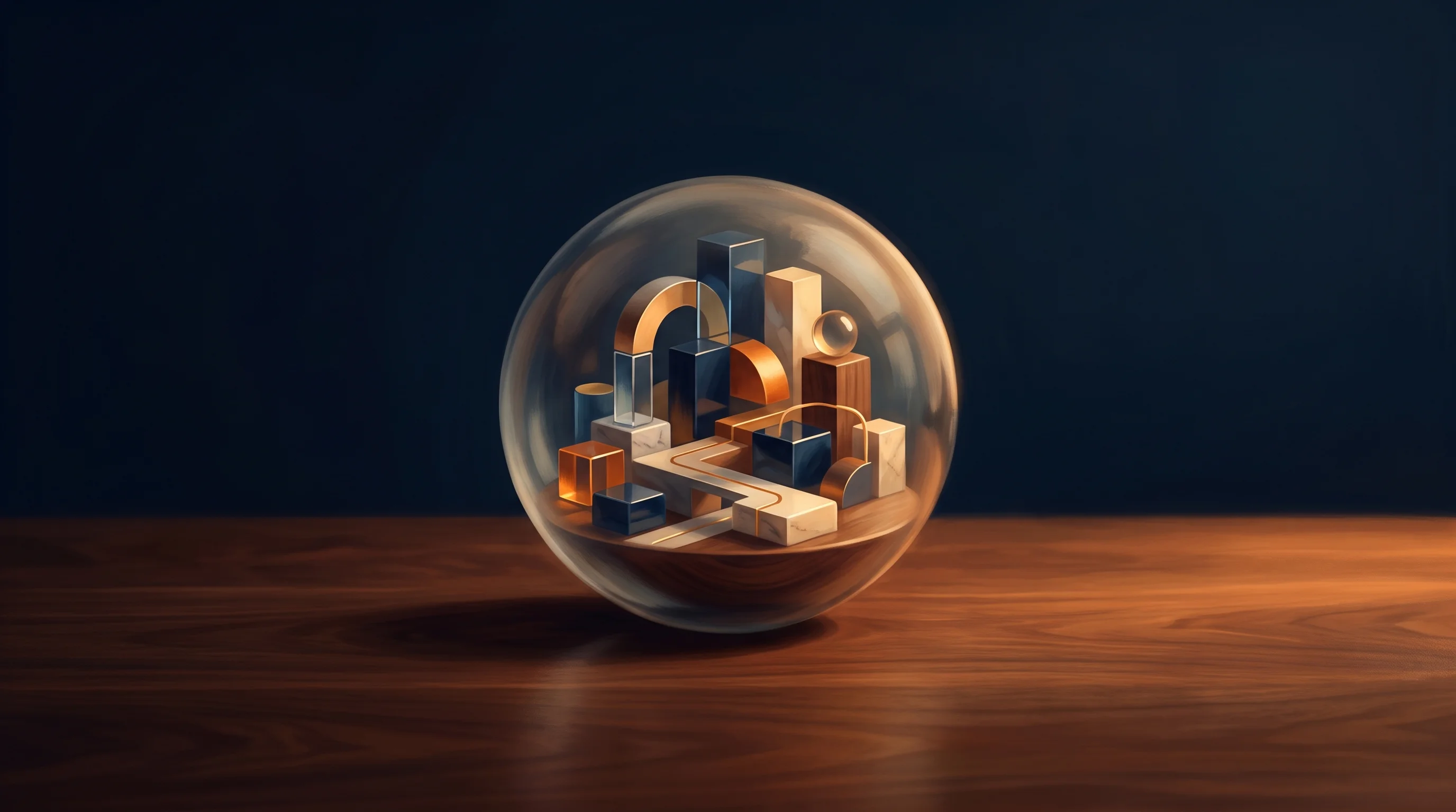 Digital illustration for article section "The Behavioral Forecasting Bet" in "Simile Lands $200M Series B at $2B Valuation for AI Digital Twins" - A clean, minimal composition featuring a single, stylized glass sphere resting on a polished wooden ...