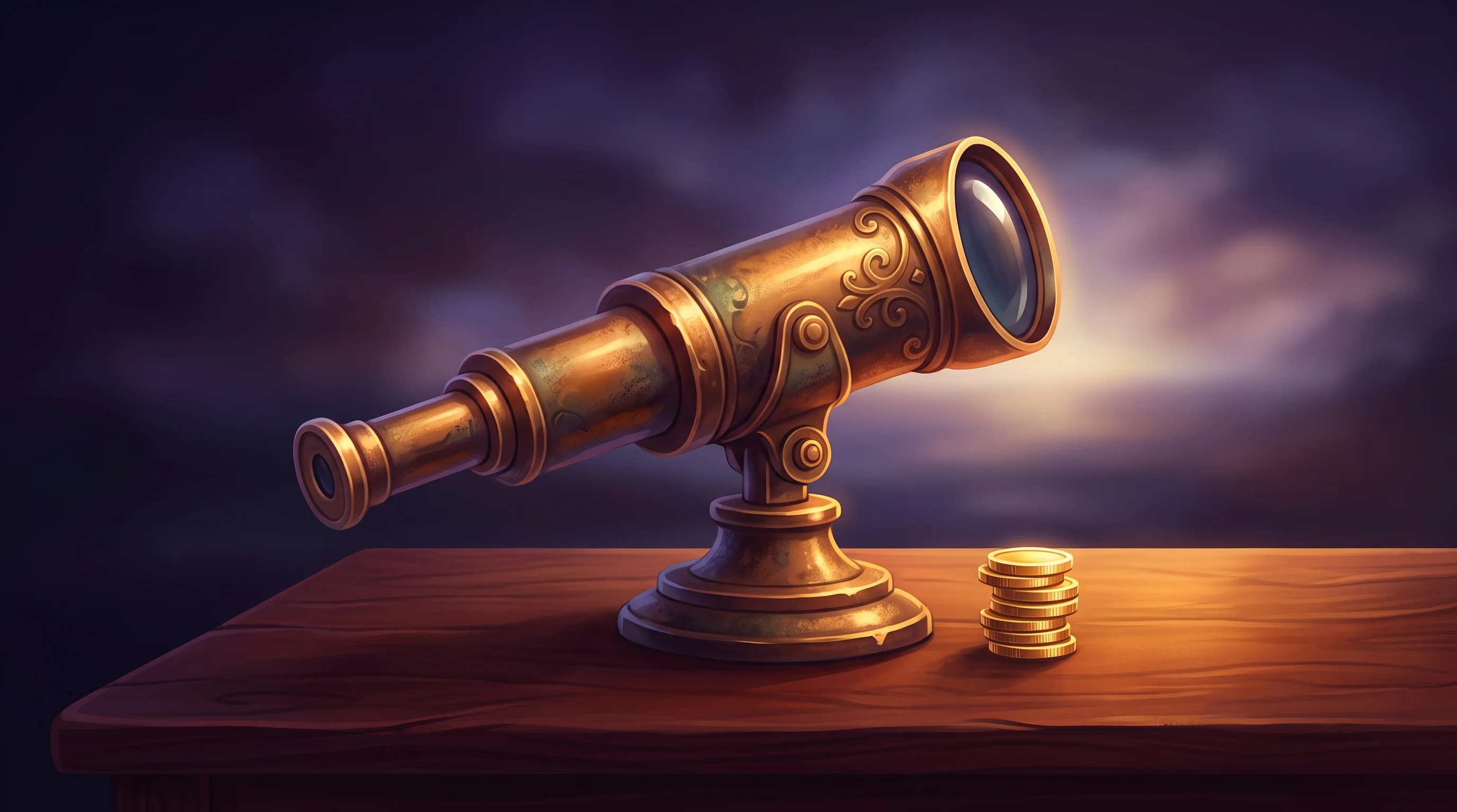 Digital illustration for article section "What Comes Next" in "Simile Lands $200M Series B at $2B Valuation for AI Digital Twins" - A whimsical, oversized vintage brass telescope resting on a smooth mahogany desk, pointing toward a ...