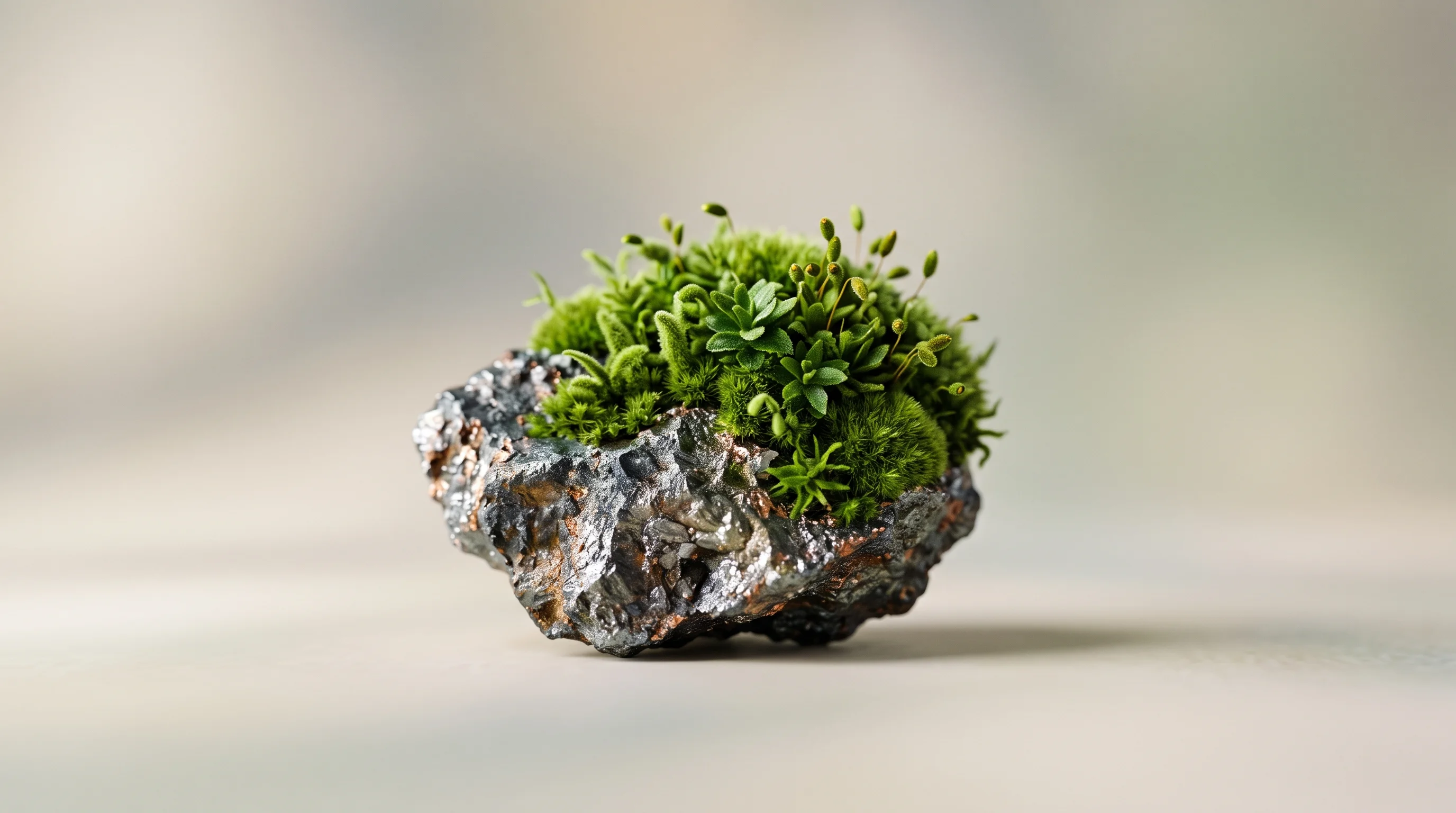 Digital illustration for article section "From Glencore to Greentown" in "FAST Metals Secures Funding to Turn Mining Waste Into Defense Minerals" - A conceptual macro photography shot of a single piece of raw metallic ore resting on a soft, unclutt...