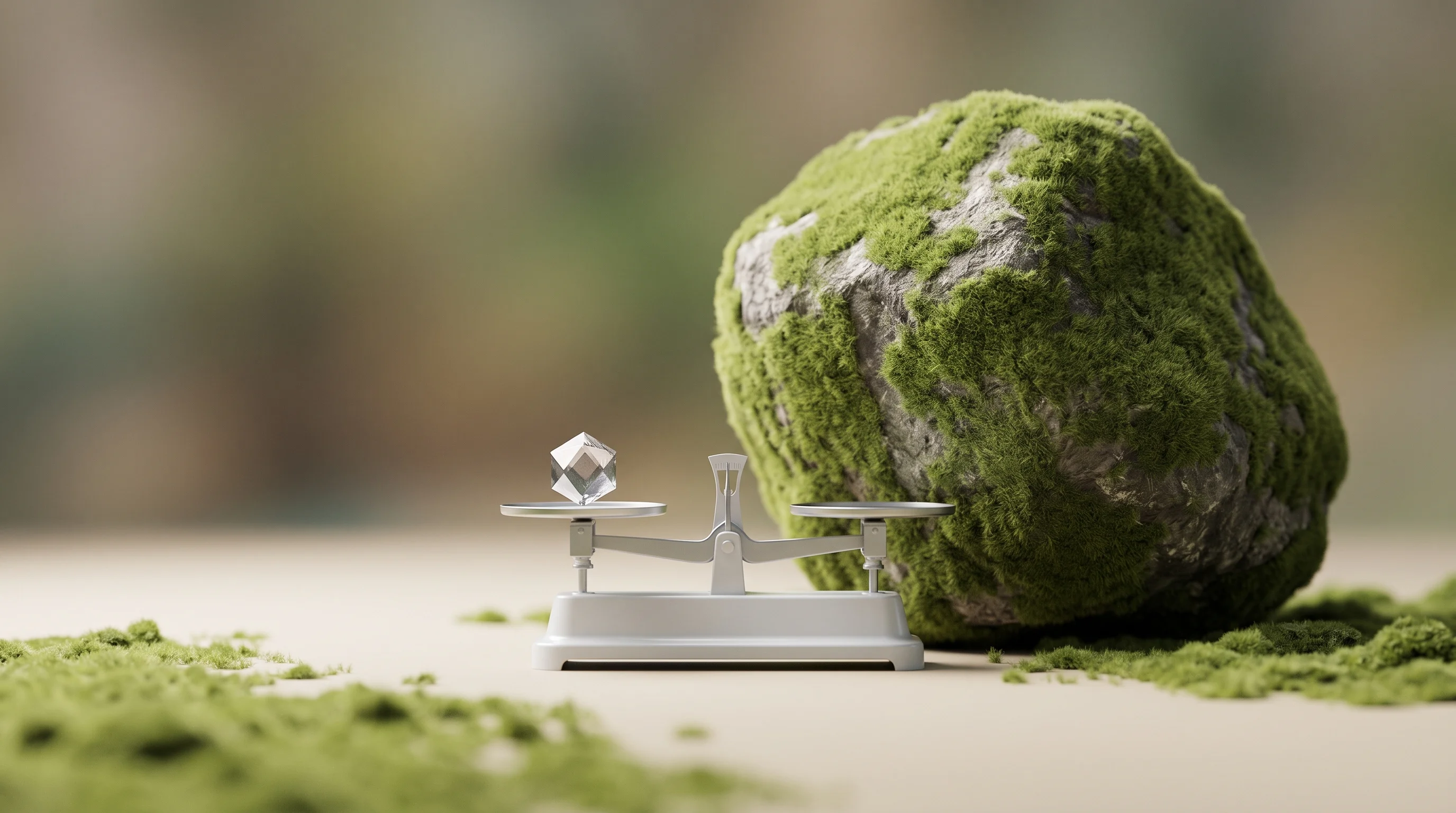 Digital illustration for article section "The Scale Question" in "FAST Metals Secures Funding to Turn Mining Waste Into Defense Minerals" - A minimalist, conceptual miniature diorama illustrating the daunting leap from small-scale lab chemi...