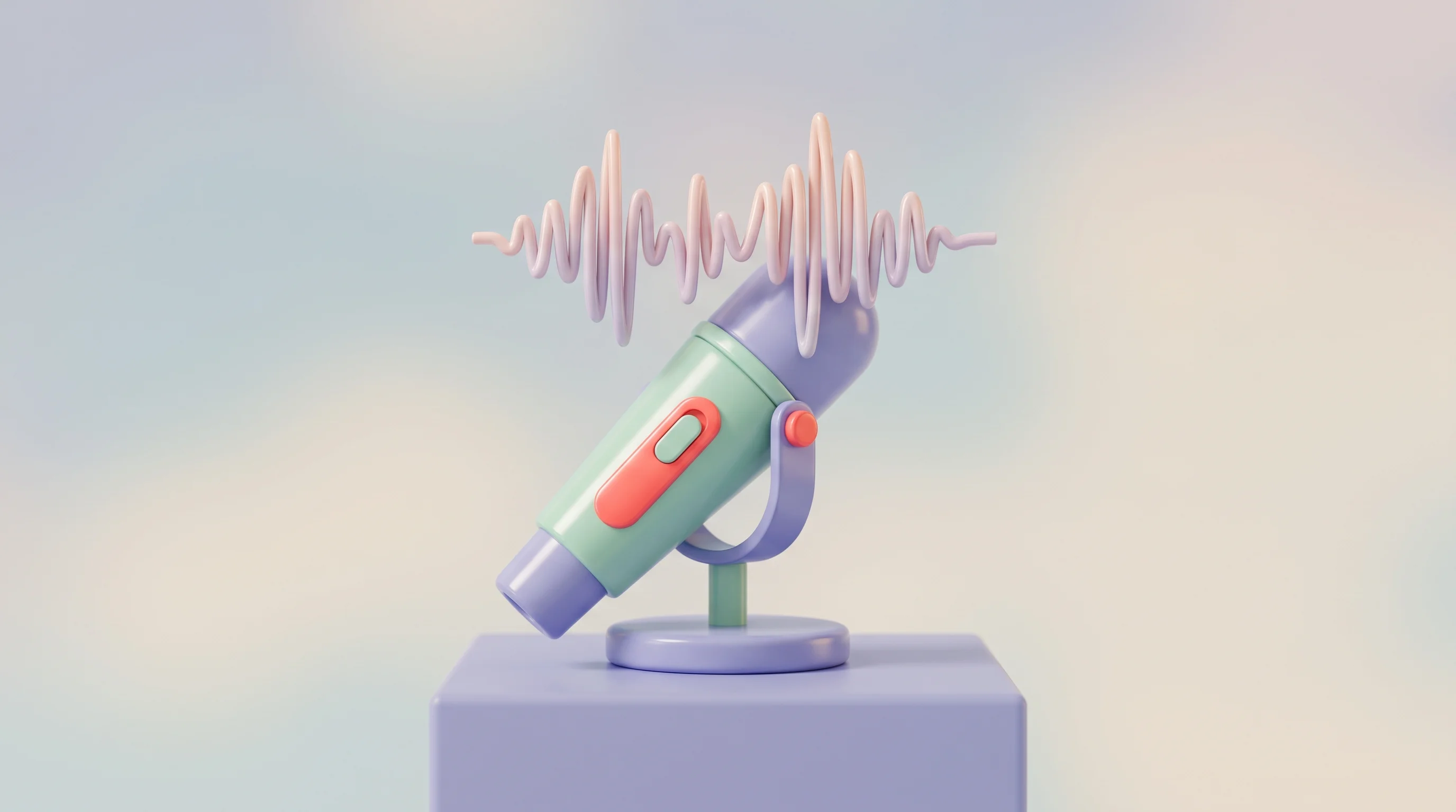 Digital illustration for article section "A Research Hire Signals Ambition" in "Rime Raises $24M Series A to Build Enterprise Voice AI on Custom Data" - A meticulously crafted 3D cartoon miniature model of a sleek, neo-retro microphone resting on a clea...
