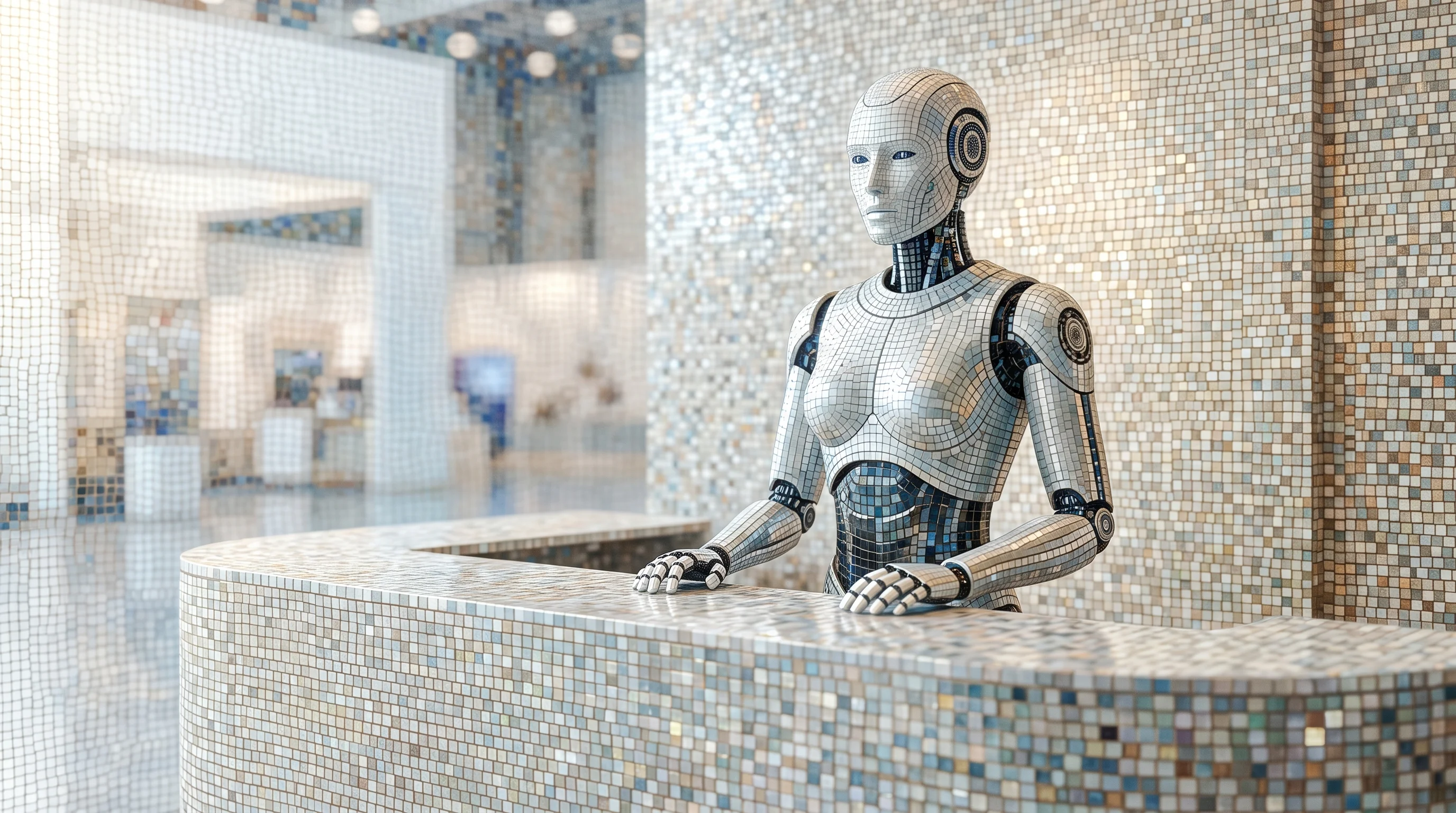 Digital illustration for article section "What Happens Next" in "MOYA Robot and China's Emotional AI Push Face Verification Hurdles" - A sleek, modern humanoid robot standing behind a minimalist concierge desk in a bright, contemporary...