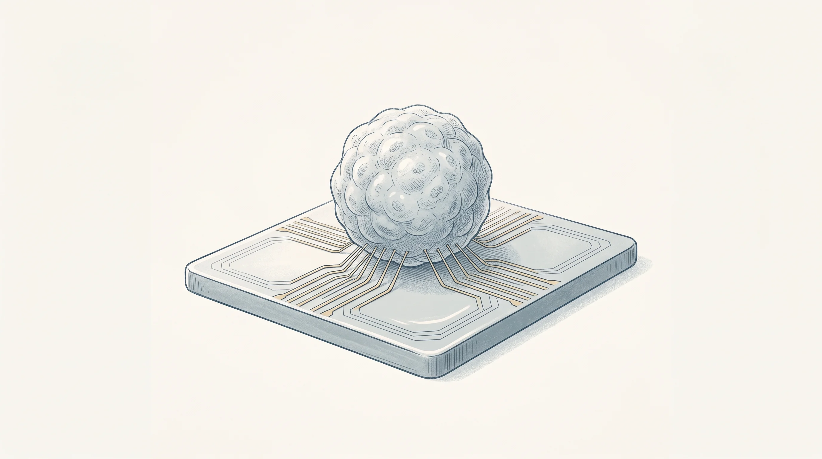Digital illustration for article section "The Infrastructure Takes Shape" in "Living Computers: Inside the Race to Train Brain Cells for AI" - A conceptual neo-vintage illustration of a 3D biological organoid resting delicately on a clean, sim...