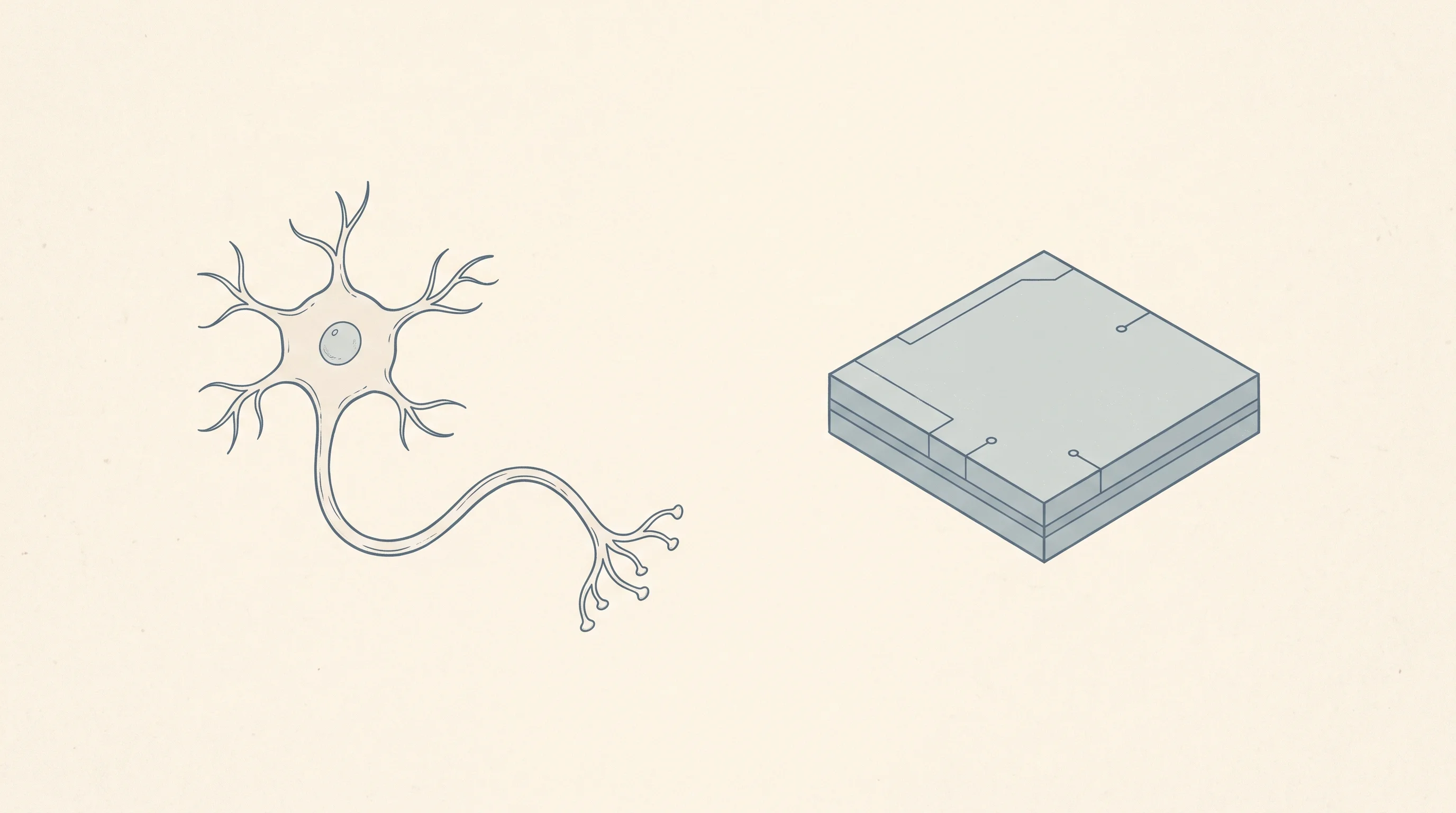 Digital illustration for article section "What Comes Next" in "Living Computers: Inside the Race to Train Brain Cells for AI" - A minimalist, conceptual neo-vintage illustration representing the future of computing, featuring a ...